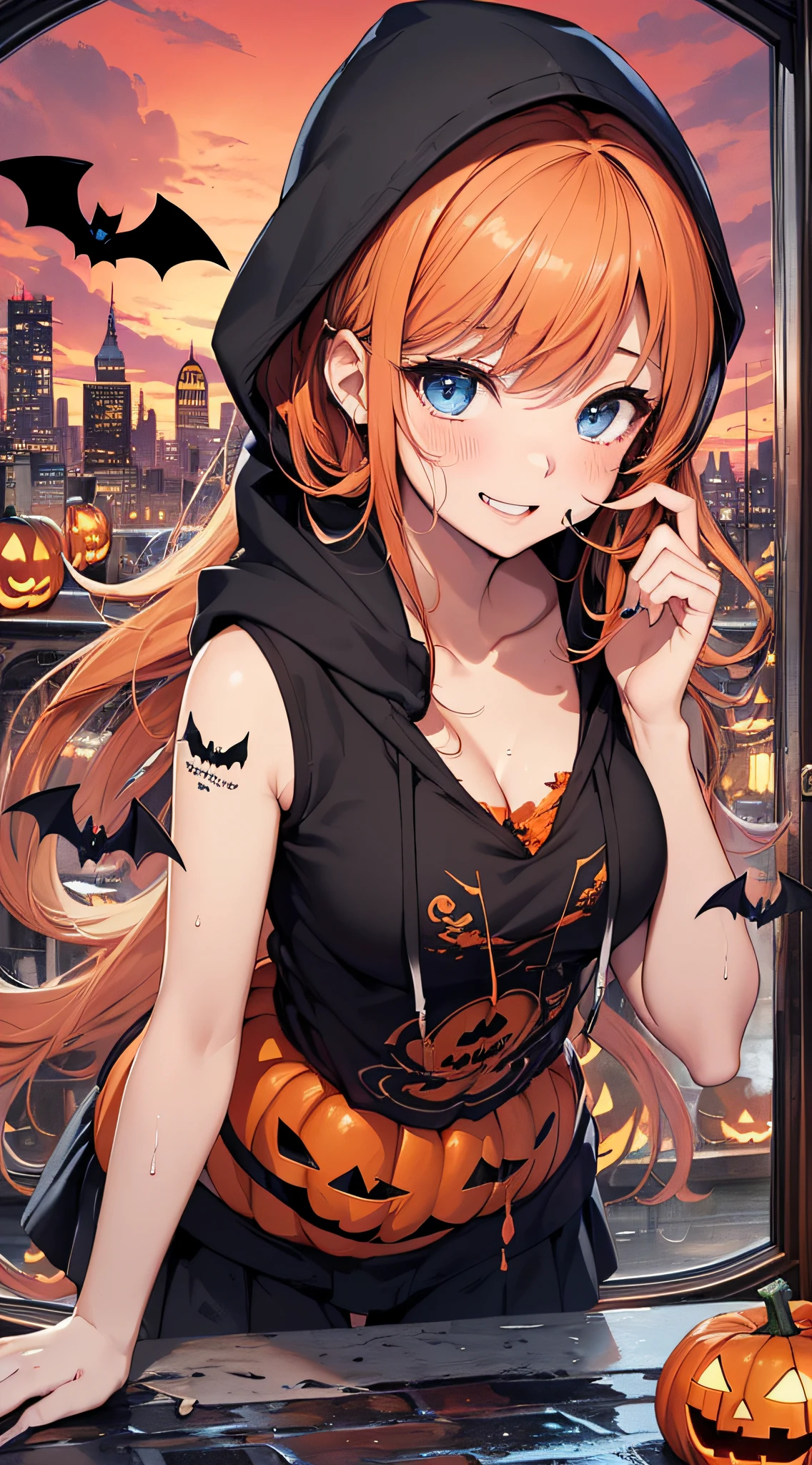 top-quality、Top image quality、​masterpiece、teens girl((18year old,Succubus、Black and orange tattered tank top,Tattered orange and black short skirt、Tattered orange short-sleeved hoodie、Wearing a hood,Best Bust、Bust 85、A dark-haired、Longhaire,Blue eyes、open chest wide、Valley、Happiness、A slender、the whole body is wet、Leaning forward、Prank、Laughing mouth、Pointed teeth、Black wings、Pampering、Emphasis on the chest、clow pose、Bats tattoo)）hiquality、Beautiful Art、Background with((A city scape、Red sky、Halloween at night、the bats、pumpkins))、masutepiece、Elaborate design、visualart、Theatrical films