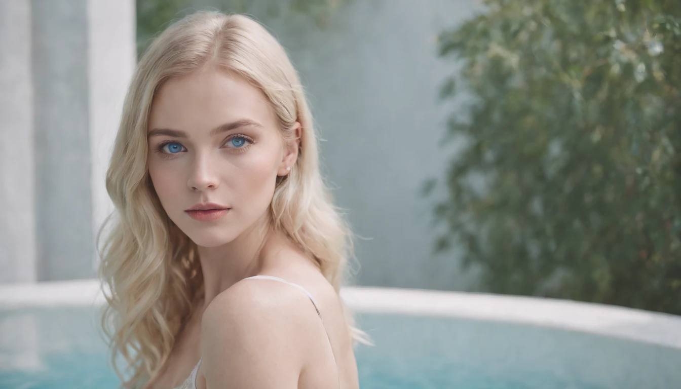 Blonde woman with blue eyes and white bra top poses for photo, Wearing a bikini, Pale bluish skin, Songs inspired by Ana de Armas, ethereal beauty, color portrait, Beautiful pale makeup, Pale blue eyes, Pastel Blue Eyes, Pale blue skin, Unbelievably subtle, Surprising, young subtle figure, Bright pale blue eyes, Wonderful portrait, Subtle hair, Editorial portrait, blue tone、Russian Girl、Prospects for Russia