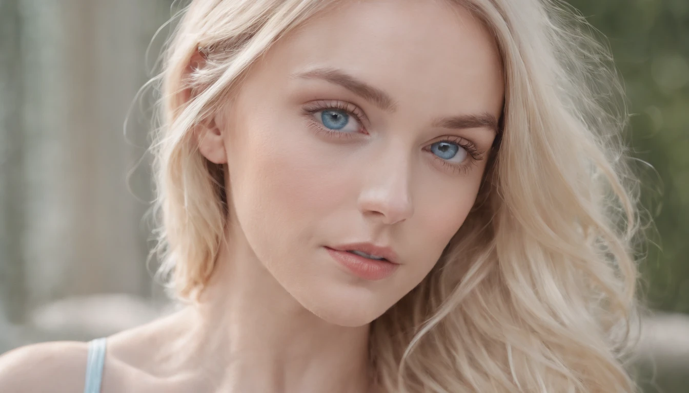 Blonde woman with blue eyes and white bra top poses for photo, Wearing a bikini, Pale bluish skin, Songs inspired by Ana de Armas, ethereal beauty, color portrait, Beautiful pale makeup, Pale blue eyes, Pastel Blue Eyes, Pale blue skin, Unbelievably subtle, Surprising, young subtle figure, Bright pale blue eyes, Wonderful portrait, Subtle hair, Editorial portrait, blue tone、Russian Girl、Prospects for Russia