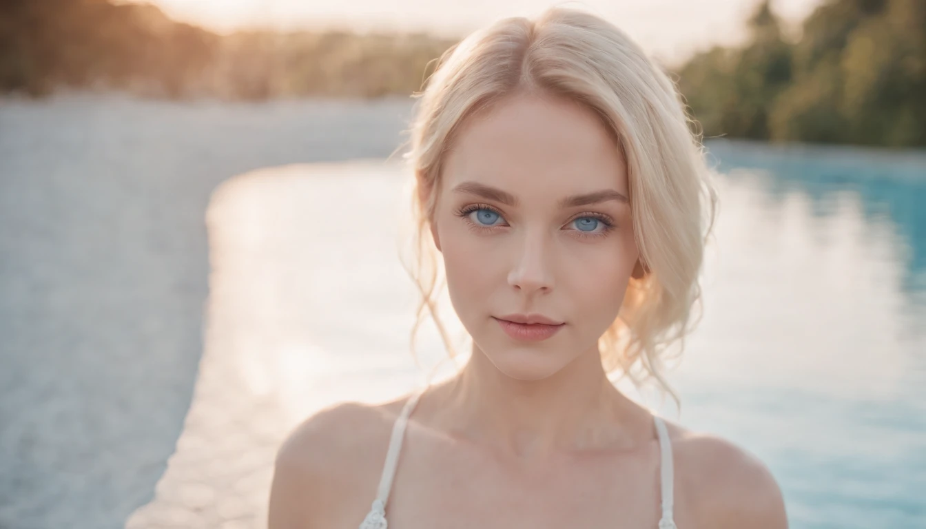 Blonde woman with blue eyes and white bra top poses for photo, Wearing a bikini, Pale bluish skin, Songs inspired by Ana de Armas, ethereal beauty, color portrait, Beautiful pale makeup, Pale blue eyes, Pastel Blue Eyes, Pale blue skin, Unbelievably subtle, Surprising, young subtle figure, Bright pale blue eyes, Wonderful portrait, Subtle hair, Editorial portrait, blue tone、Russian Girl、Prospects for Russia