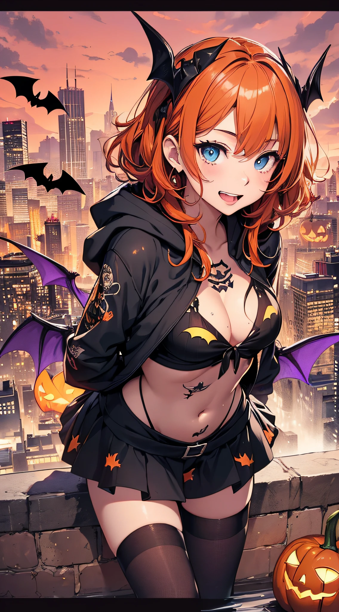top-quality、Top image quality、masterpiece、s girl((18year old,Succubus、Black and orange tattered tank top,Tattered orange and black short skirt、Tattered orange short-sleeved hoodie、Wearing a hood,Best Bust、Bust 85、A dark-haired、Longhaire,Blue eyes、open chest wide、Valley、Happiness、A slender、the whole body is wet、Leaning forward、Prank、Laughing mouth、Pointed teeth、Black wings、Pampering、Emphasis on the chest、clow pose、Bats tattoo))hiquality、Beautiful Art、Background with((A city scape、Red sky、Halloween at night、the bats、pumpkins))、masutepiece、Elaborate design、visualart、Theatrical films