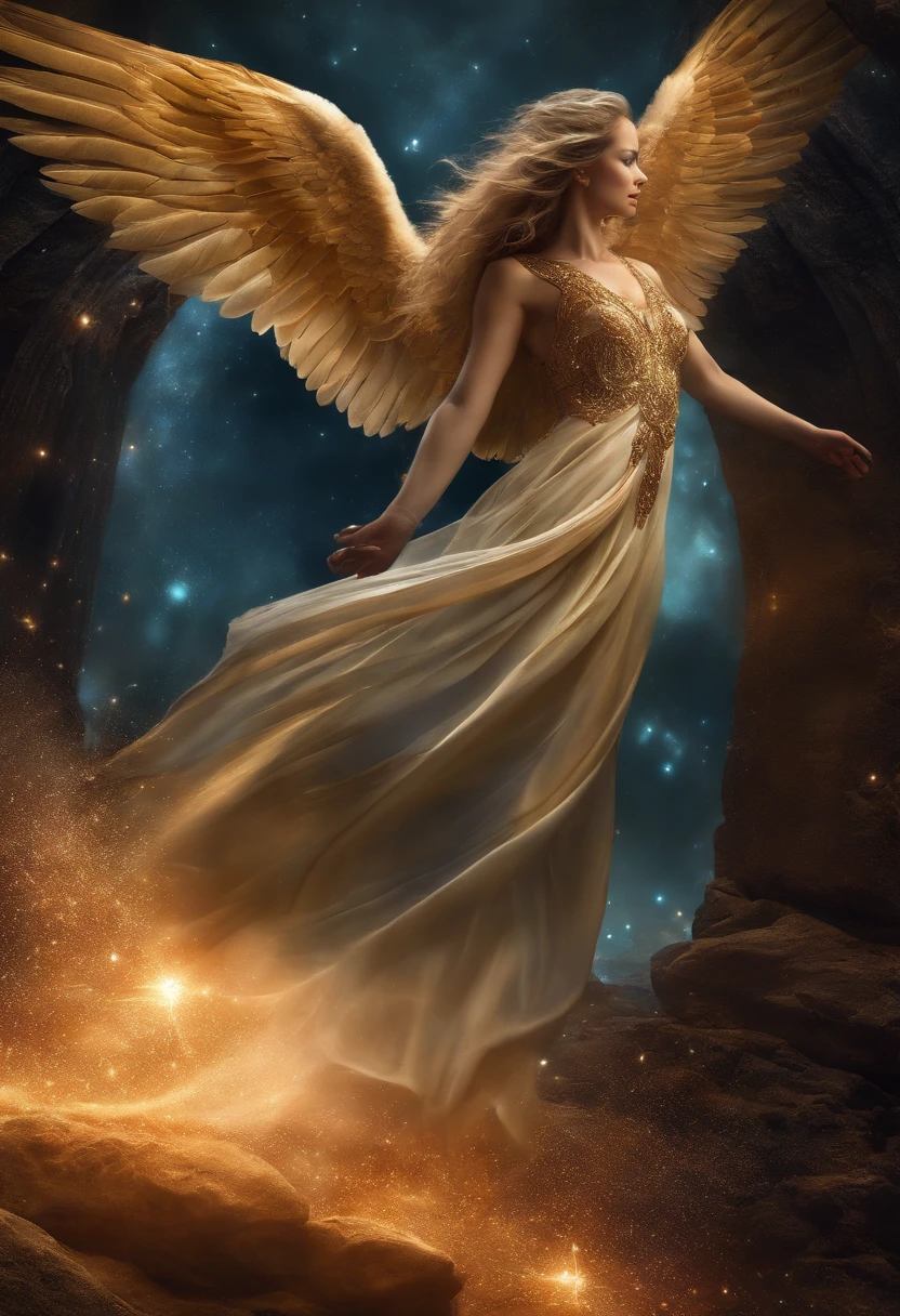 cosmic fallen angel, olhos claros brilhantes, Biomechanicals, estranho, assustador, Pesadelo, cores muito brilhantes, light particles, com luz brilhante, Mshiff, Arte do papel de parede, Papel de parede UHD