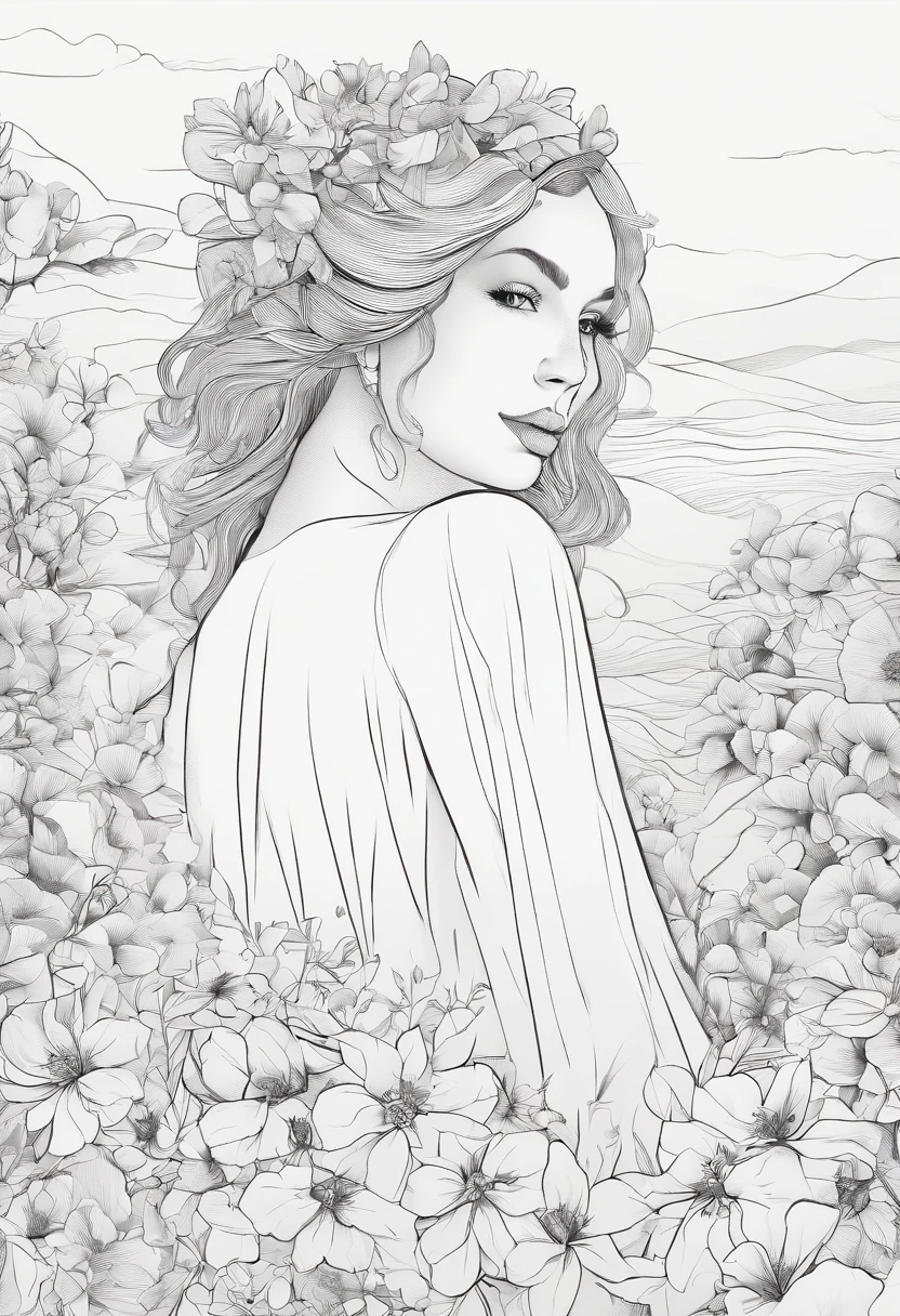 Medium shot, medium shot, depth of field, bust, cinematic angle, masterpiece, best quality, super detail, CG, 8K wallpaper, pretty face, delicate eyes, a maiden, solo, skyline, beautiful detailed sky, light blue short shirt, translucent white pleated skirt, purple flowers