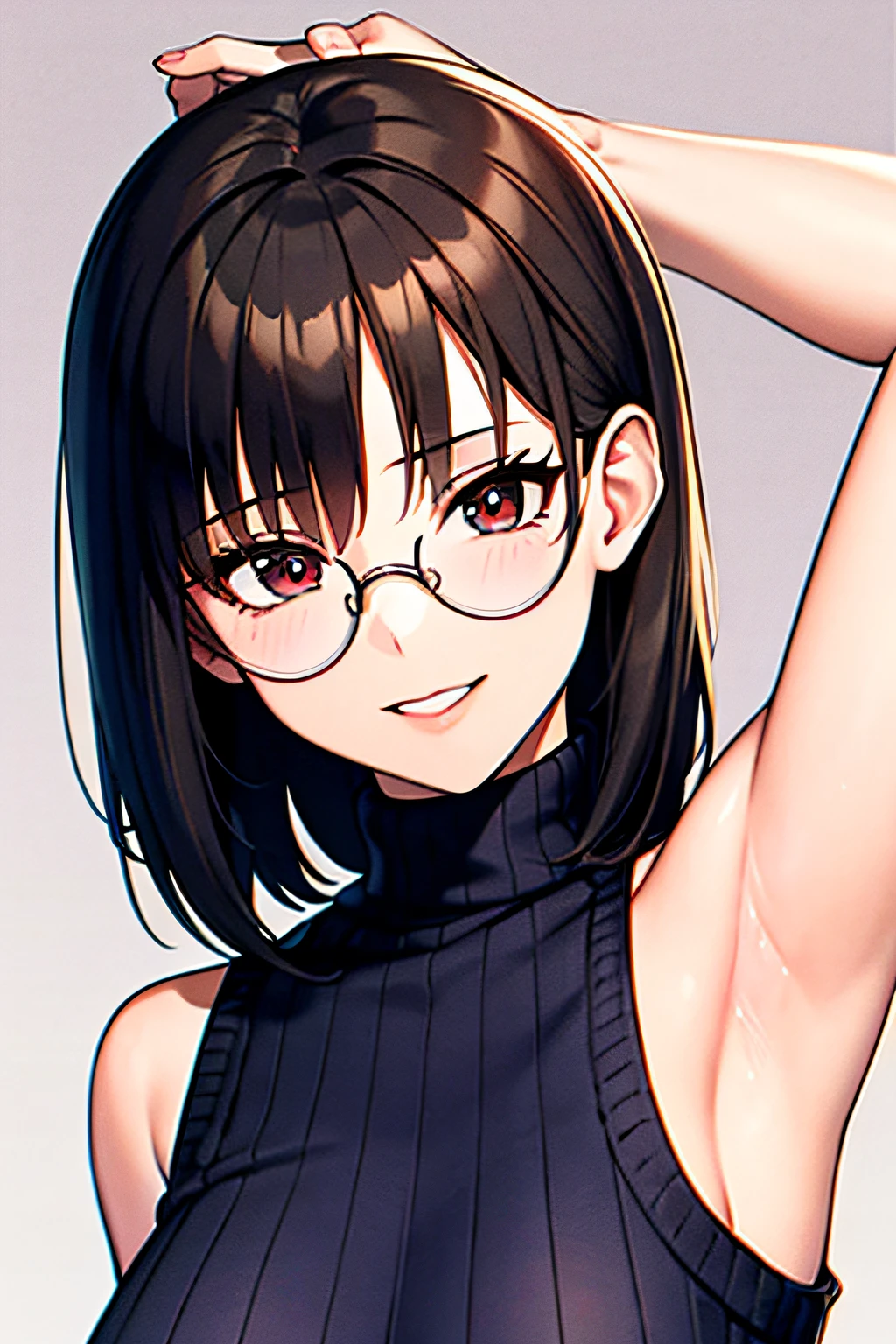 Akiha tohno \(tsukihime\), akiha tohno, tsukihime, (masutepiece, Highest Quality), Beautiful and aesthetic, 1girl, Idol, Elegant, (16 years old), medium hair, Portrait, lightsmile, (Sleeveless knitwear), Entire upper body, Simple background, open sexy armpits, sexy armpits, round retro glasses