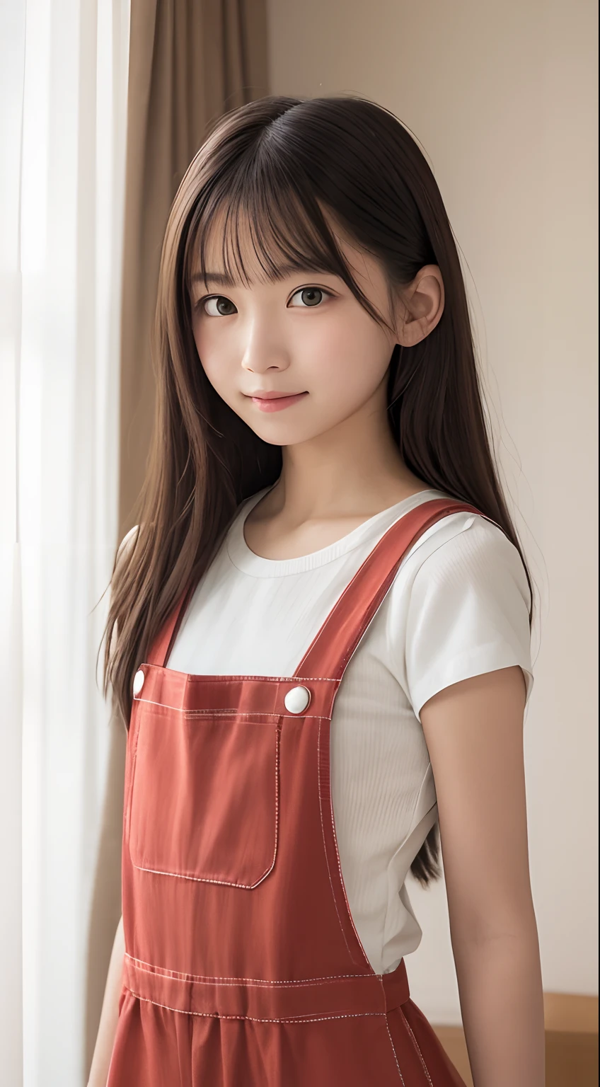 masutepiece, Best Quality, 8K, ers old, Teen, Raw photo, absurderes, award winning portrait, Smile, Solo, Idol face, violaceaess, Delicate girl, Upper body, Digital SLR, Looking at Viewer, Candid, Sophisticated,Thin arms, Professional Lighting, Film grain, chromatic abberation, (Eyes and faces with detailed:1.0), (Bokeh:1.1) , (pinafore:1.1) , closes mouth , hotels room