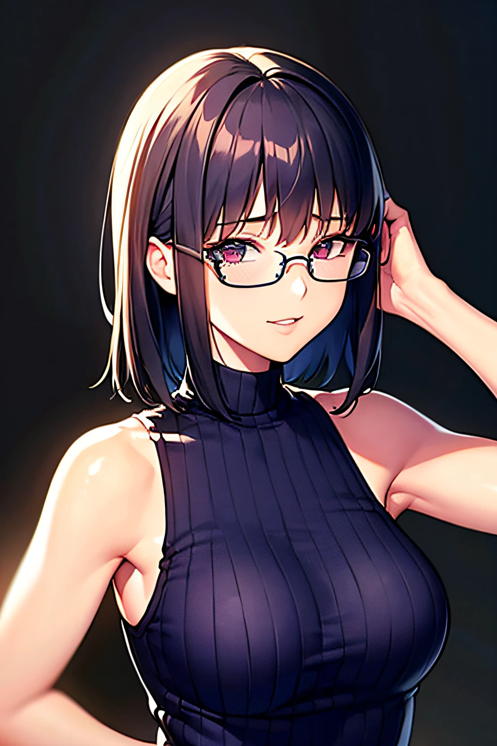 Akiha tohno \(tsukihime\), akiha tohno, tsukihime, (masutepiece, Highest Quality), Beautiful and aesthetic, 1girl, Idol, Elegant, (16 years old), medium hair, Portrait, lightsmile, (Sleeveless knitwear), Entire upper body, Simple background, open sexy armpits, sexy armpits, round retro glasses, windsor glasses