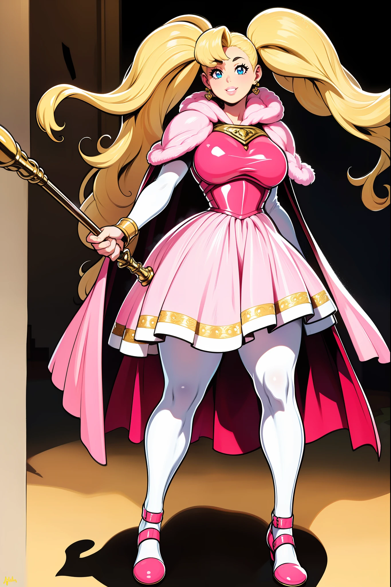 skirt vest, pantyhose, twintail, long hair, blond hair, knight, medium breast,honey lucmore,blue eyes,, walking, staff holding, cape,smile, 1character, 1girl, walking, magical girl,, solo focus, one character,pink lips, palading armor, knight, pink lipstic,best quality,4k,8k,highres,masterpiece:1.2),mega-detailed,(,1.37),portraits,vivid colors,warm tones,soft lighting,