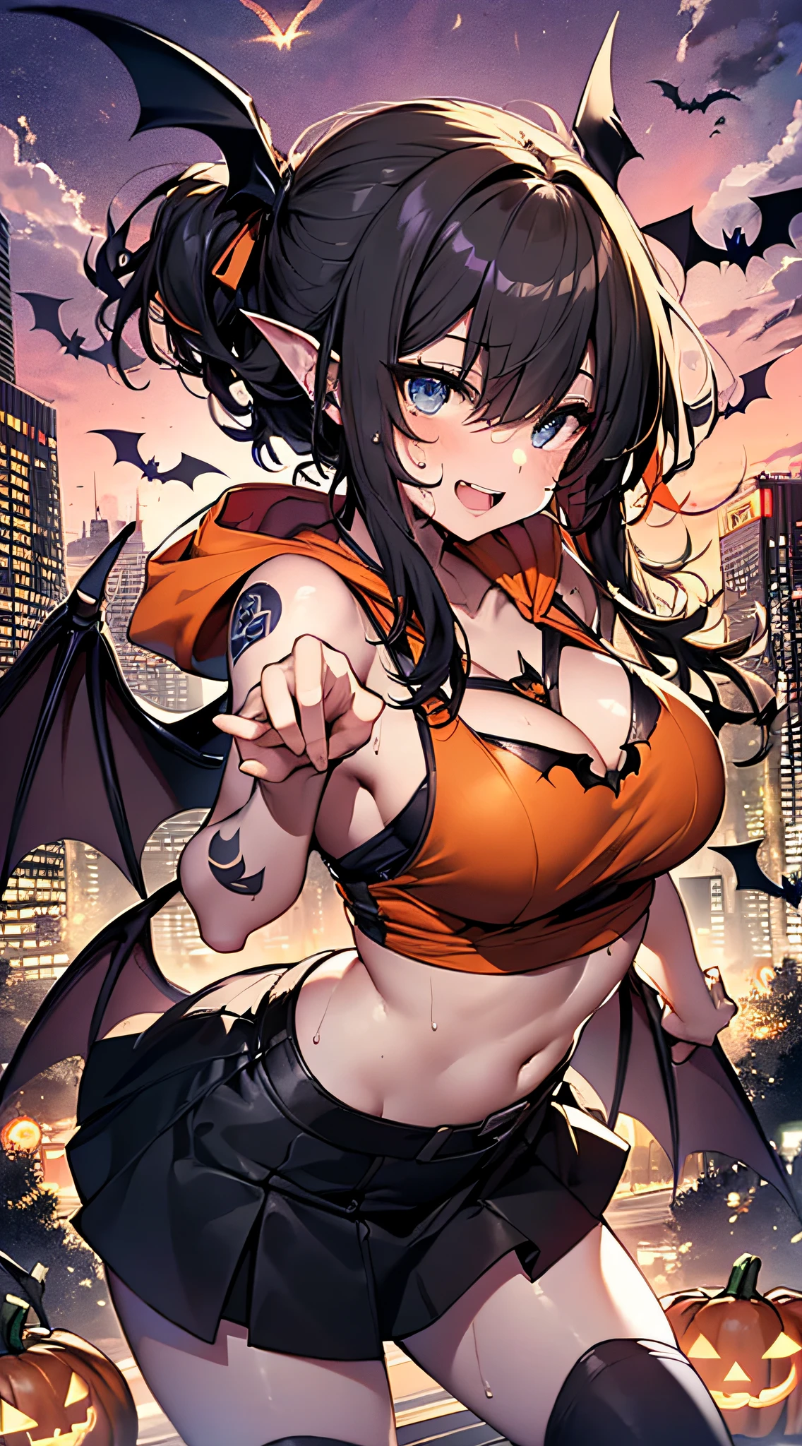 top-quality、Top image quality、masterpiece、teens girl((18year old,Succubus、Black and orange tattered tank top,Tattered orange and black short skirt、Tattered orange short-sleeved hoodie、Wearing a hood,Best Bust、Bust 85、A dark-haired、Longhaire,Blue eyes、open chest wide、Valley、Happiness、A slender、the whole body is wet、Leaning forward、Prank、Laughing mouth、Pointed teeth、Black wings、Pampering、Emphasis on the chest、clow pose、Bats tattoo))hiquality、Beautiful Art、Background with((A city scape、Red sky、Halloween at night、the bats、pumpkins))、masutepiece、Elaborate design、visualart、Theatrical films