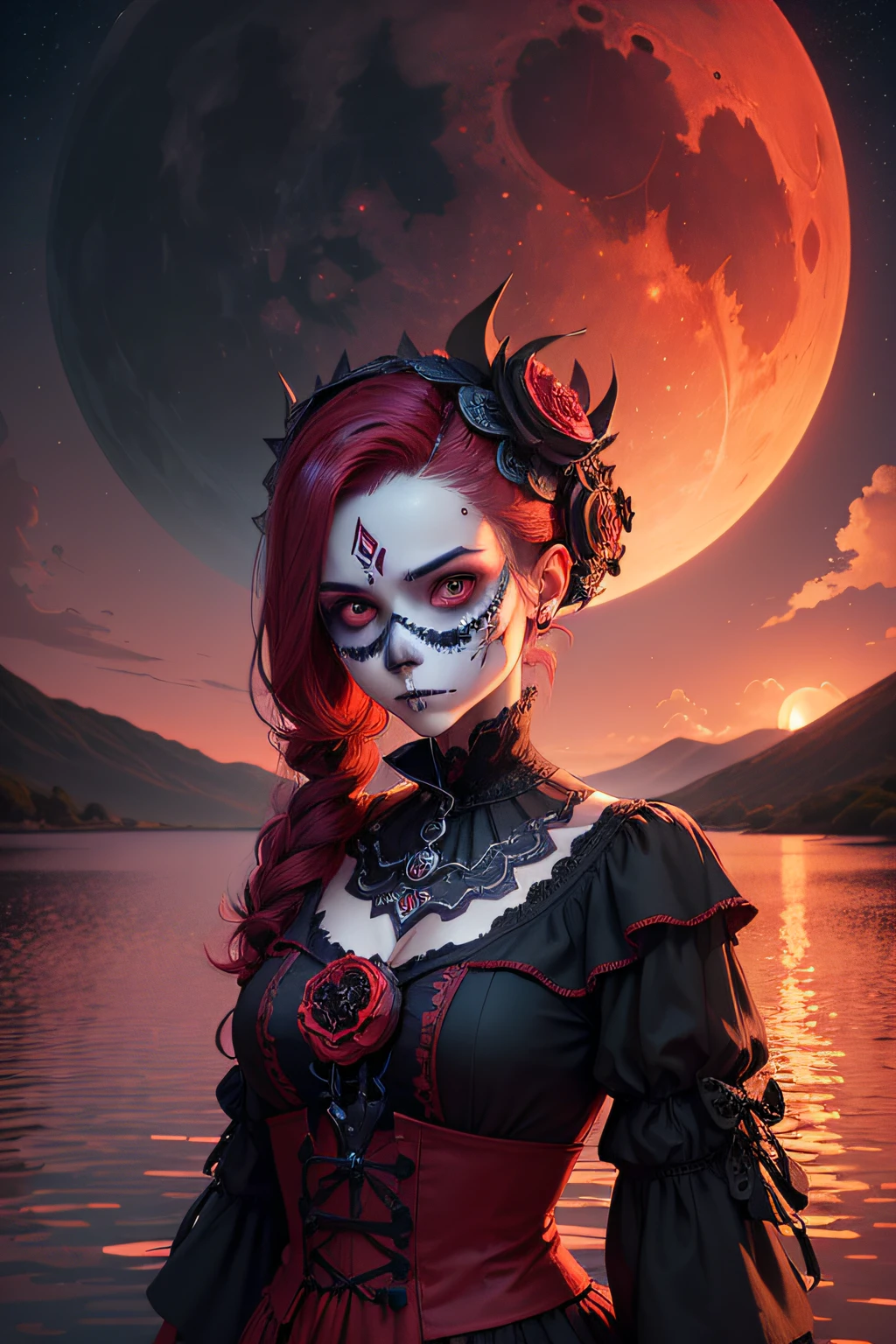 (((senhorita steampuk))) vestindo vestido vitoriano, half skull half face, sugar skull, half skull face, inspirado em Izzy Medrano, Surreal CG rendering of a dark red moon rising above a tranquil lake surrounded by red clouds, autoiluminado.