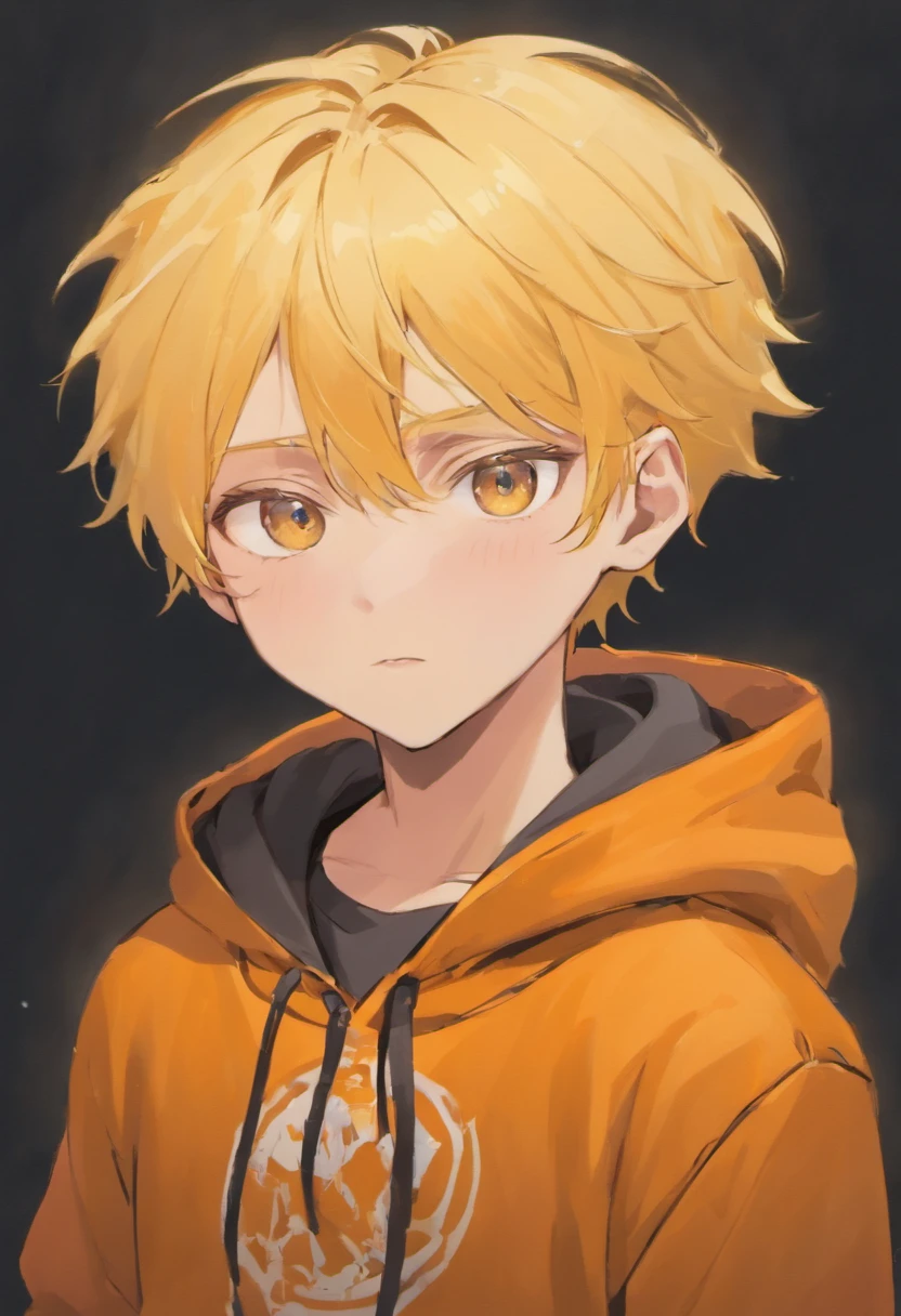 Teenage boy with brown eyes, white skin,and blonde hair wearing a orange hoody, and headband (black background)
