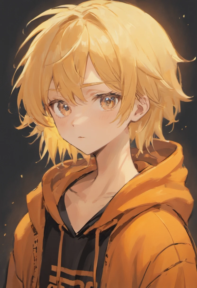 Teenage boy with brown eyes, white skin,and blonde hair wearing a orange hoody, and headband (black background)