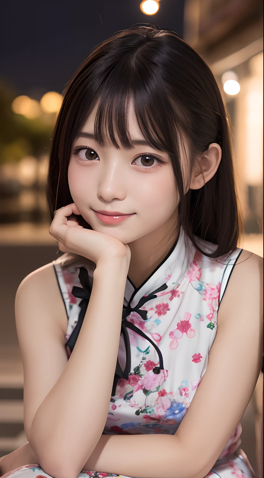 masutepiece, Best Quality, 8K, 10yaers old, Teen, Raw photo, absurderes, award winning portrait, Smile, Solo, (Night:1.8), Idol face, violaceaess, Delicate girl, Upper body, Digital SLR, Looking at Viewer, Candid, Sophisticated,Thin arms, Professional Lighting, Film grain, chromatic abberation, (Eyes and faces with detailed:1.0), (Bokeh:1.1) , (qipao dress:1.1) , closes mouth