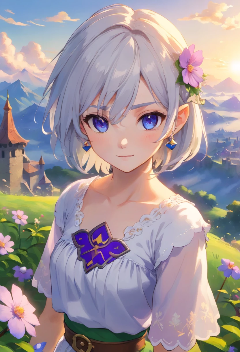 Medium shot, medium shot, depth of field, bust, cinematic angle, masterpiece, best quality, super detail, CG, 8K wallpaper, pretty face, delicate eyes, a maiden, solo, skyline, beautiful detailed sky, light blue short shirt, translucent white pleated skirt, purple flowers, short layered white hair