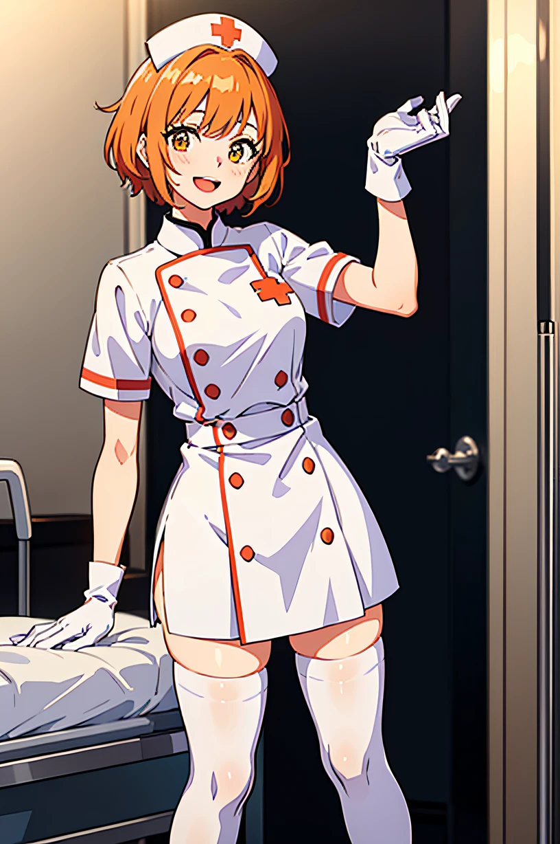 1girl, solo, nurse, nurse cap, white wear, ((white legwear, zettai ryouiki)), white gloves, very short hair, orange hair, smile, open mouth, standing, ((hospital room)), sharp outline, short sleeves, tomboy, boyish, best quality, masterpiece