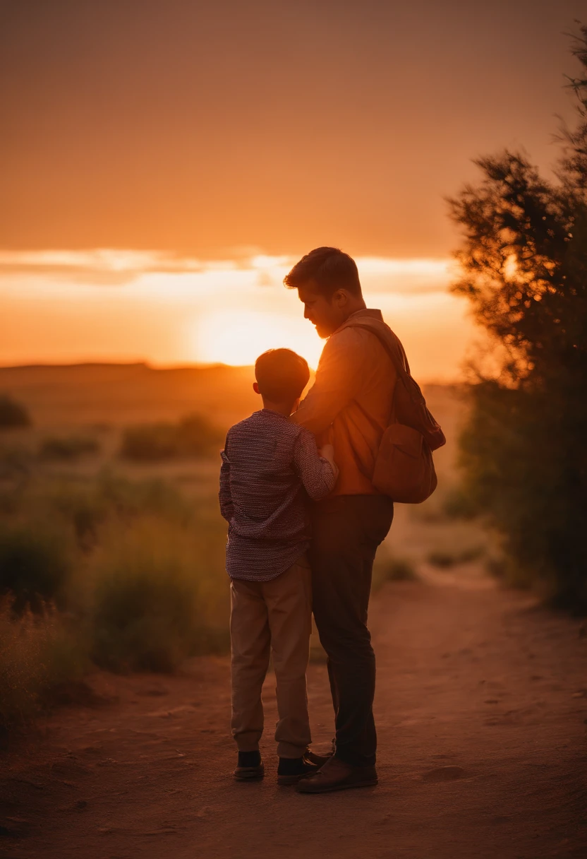 Retrato de um pai The sunset paints the sky with shades of orange as the teary-eyed father hugs his youngest son. The son holds a bag with some belongings, his anxious look reflects a mix of emotions, indicating the search for adventure.