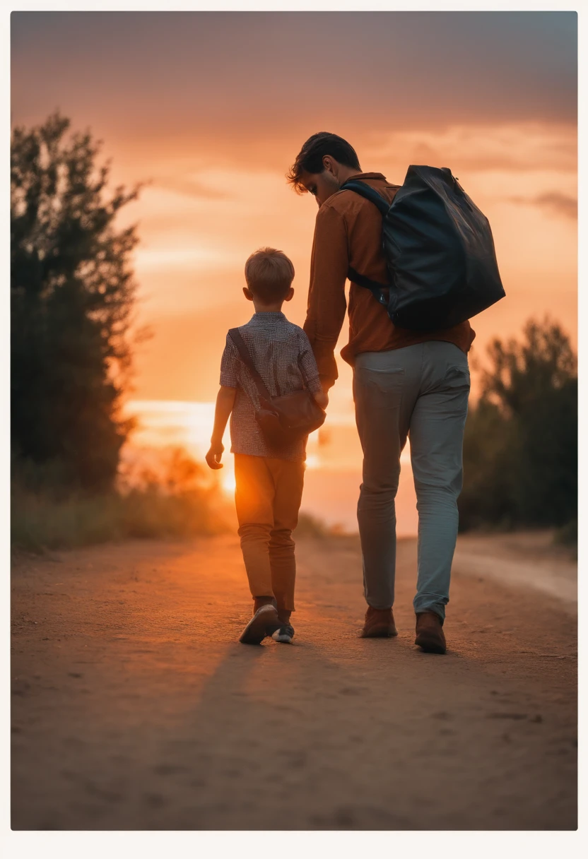 The sunset paints the sky with shades of orange as the teary-eyed father hugs his youngest son. The son holds a bag with some belongings, his anxious look reflects a mix of emotions, indicating the search for adventure.