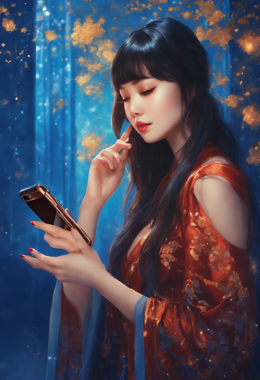 ung Asian woman looking at a cell phone screen, anime, painting, blue background with glitter