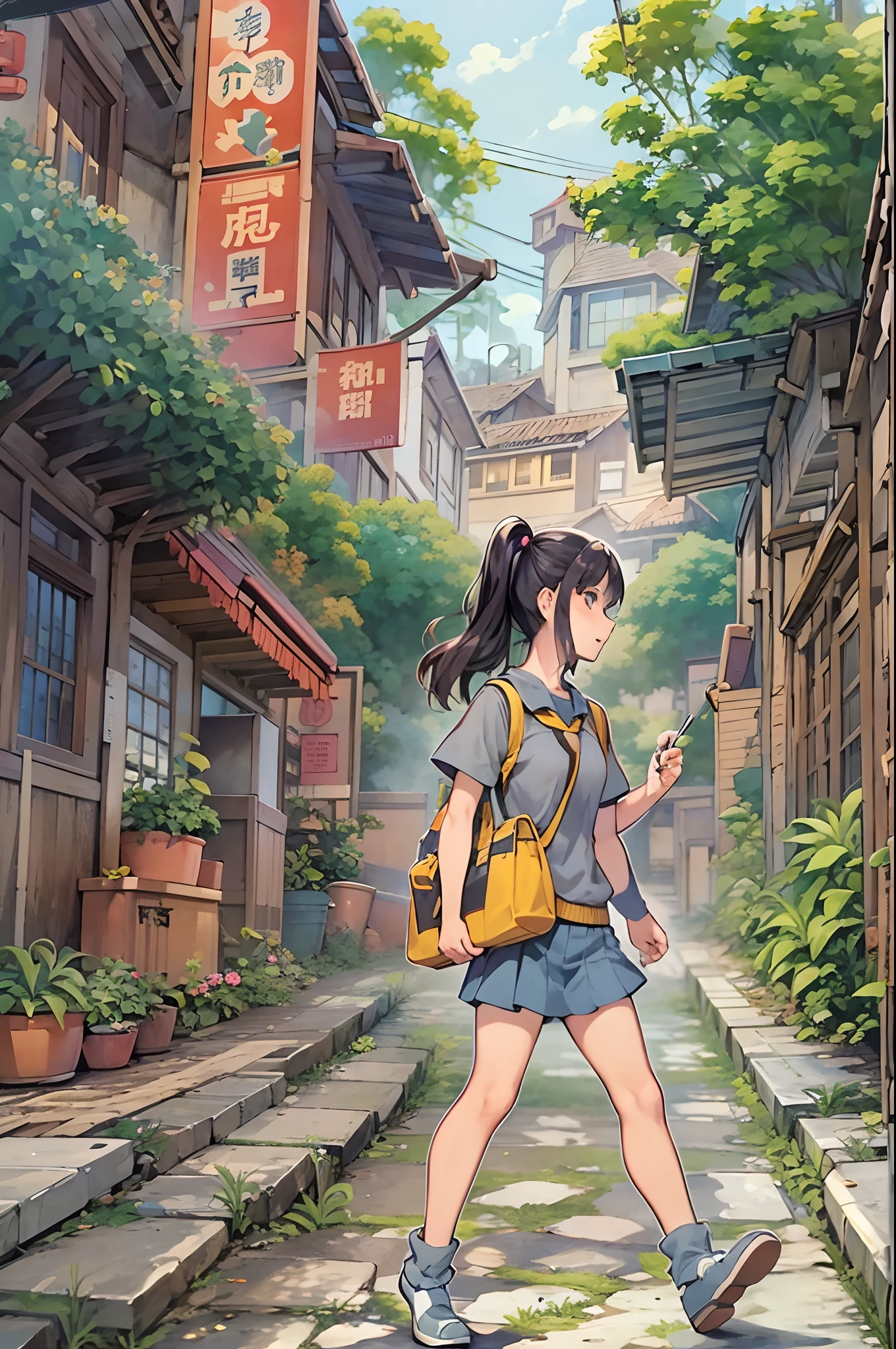 （（（Comic storyboard））），comic strip，Two-dimensional picture，Manhwa Style，Ultra-wide angle of view，China-style，A young girl carrying a school bag runs through the streets of a scenic town，Vivid and bright colors，super-fine，ultra - detailed，high qulity，8K ，oc rendered，dynamic viewing angle，Hyper-realistic，Hyper Real，Ultra photo realsisim