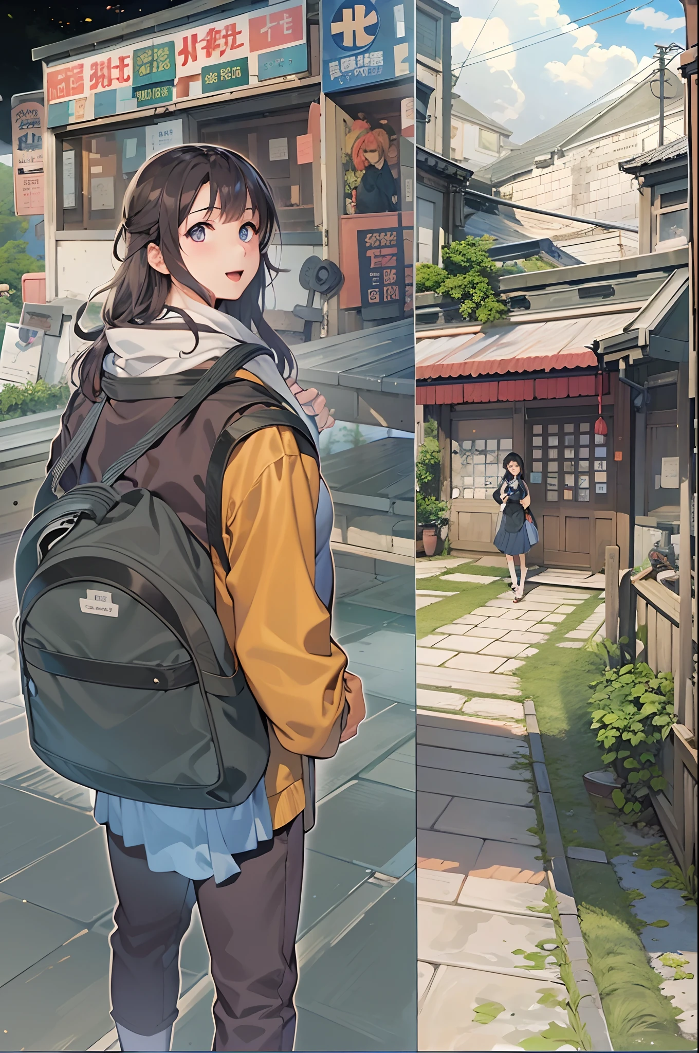 (((Comic storyboard))),comic strip,Two-dimensional picture,Manhwa Style,Ultra-wide angle of view,China-style,A young girl carrying a school bag runs through the streets of a scenic town,Vivid and bright colors,super-fine,ultra - detailed,high qulity,8K ,oc rendered,dynamic viewing angle,Hyper-realistic,Hyper Real,Ultra photo realsisim