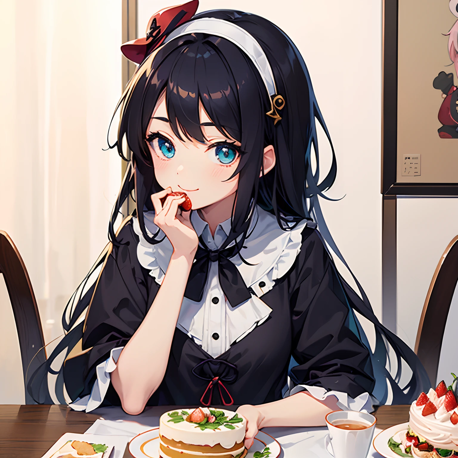 (((Delicat eyes)))、zoomed、A slight smil、Anime girl sitting at a table with hat and strawberry on her head, shorth hair, Cute anime girl, eating cakes, young anime girl, guweiz, High quality anime art style