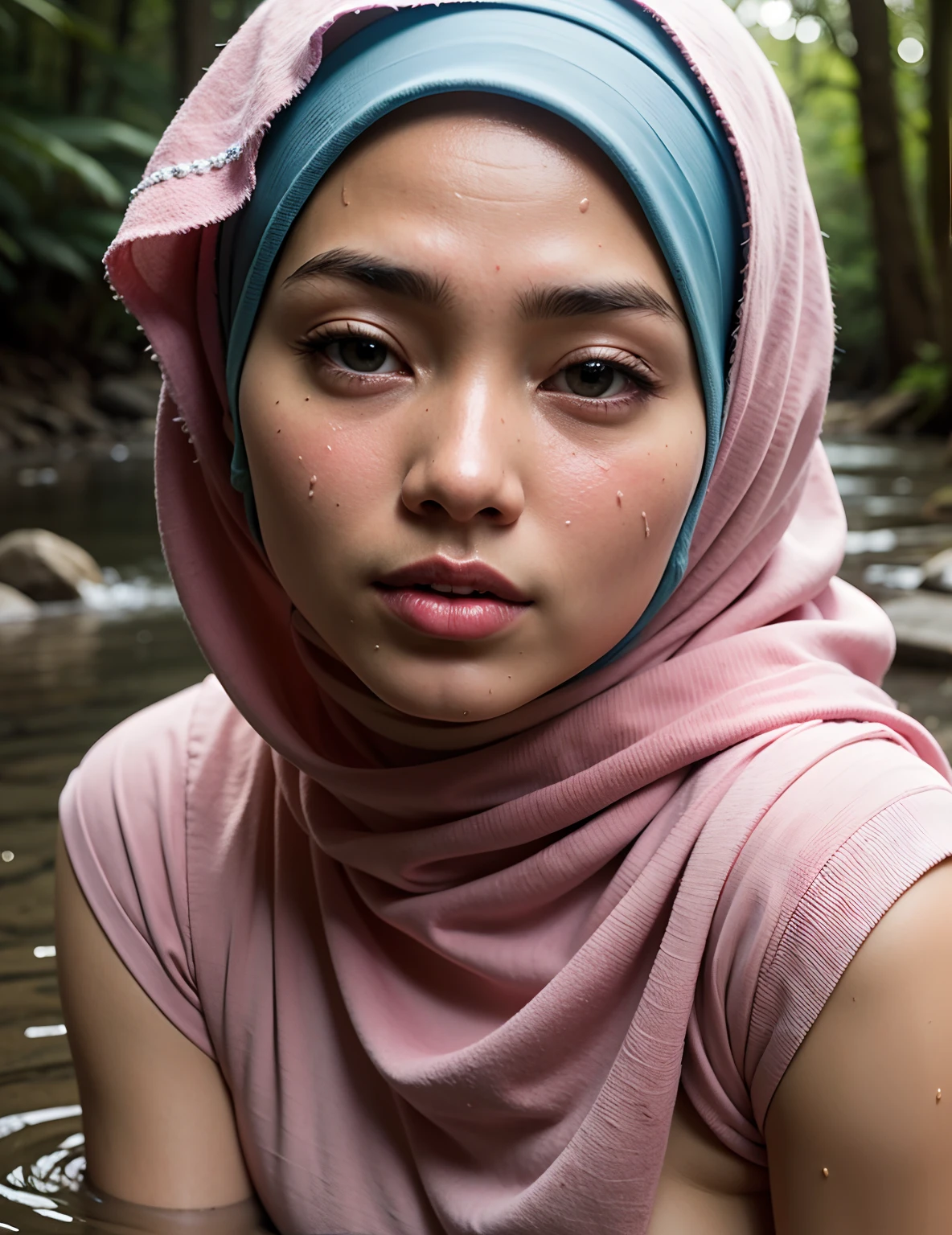 (2 young malay girls:1.3), malay face,(Naked:1.3), (hijab:1.4), Beautiful breasts, (Details of a very beautiful face), wear pastel color hijab, detail skin texture,  (Best Quality:1.4), 8K resolution, High resolution, (Photorealistic, High resolution:1.4), Raw photo, (Realistic, Photorealsitic:1.37), Gloss on lips, Parted lips, Staring at me, Nose, Realistic, the woods, cinematic lighting, taking bath in river, wet body, wet face,