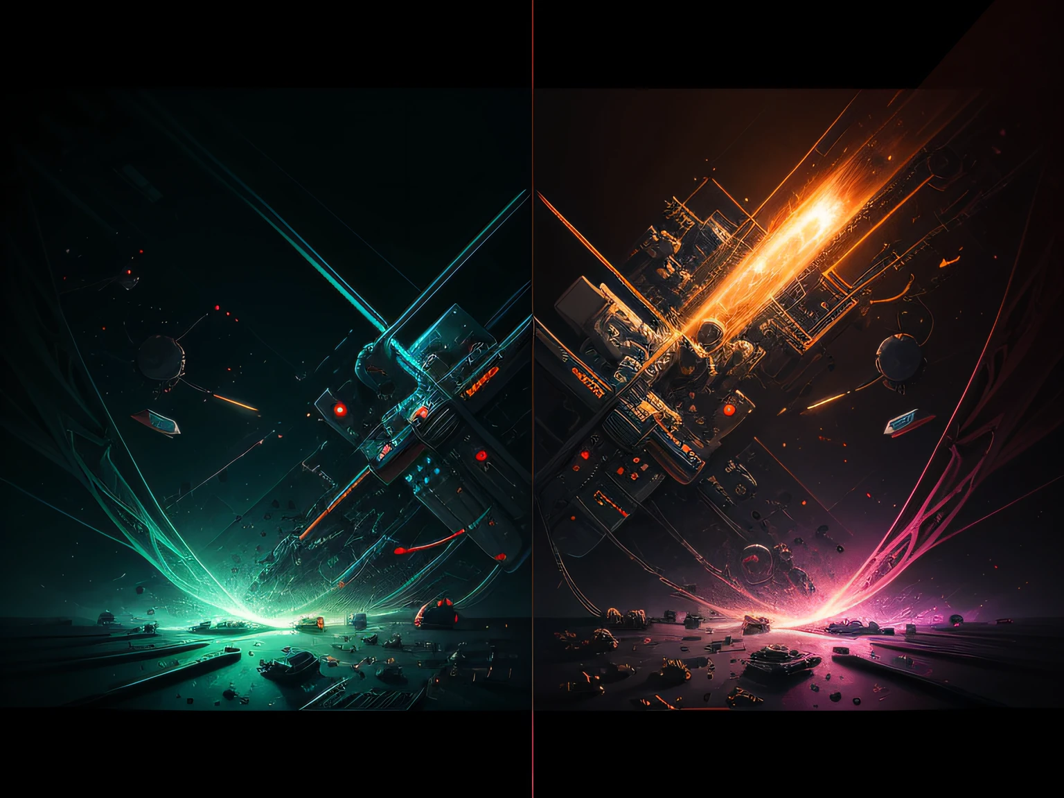 1. A fragmented face composed of mechanical and electronic parts, with light rays emanating from it. 2. A futuristic battlefield with robots fighting a fierce battle, creating lightning and explosions in all directions. 3. A powerful robotic hand crushing a music speaker, symbolisant la domination sonore de "KO technique". 4. An abstract graphic representation of geometric shapes and futuristic lines colliding and creating visual chaos. 5. Un cerveau robotique en composition fractale, giving off electrical impulses that vibrate through the image. 6. A vibrant energy force field with bright and intense colors, entourant le titre "KO technique". 7. An industrial landscape composed of gigantic machines and cables, intricately detailed artwork, highly detailed drawing, insanely detailed linework, detailed ink drawing, highly detailed illustrations, insanely detailed art, 4K. detailed drawing --auto