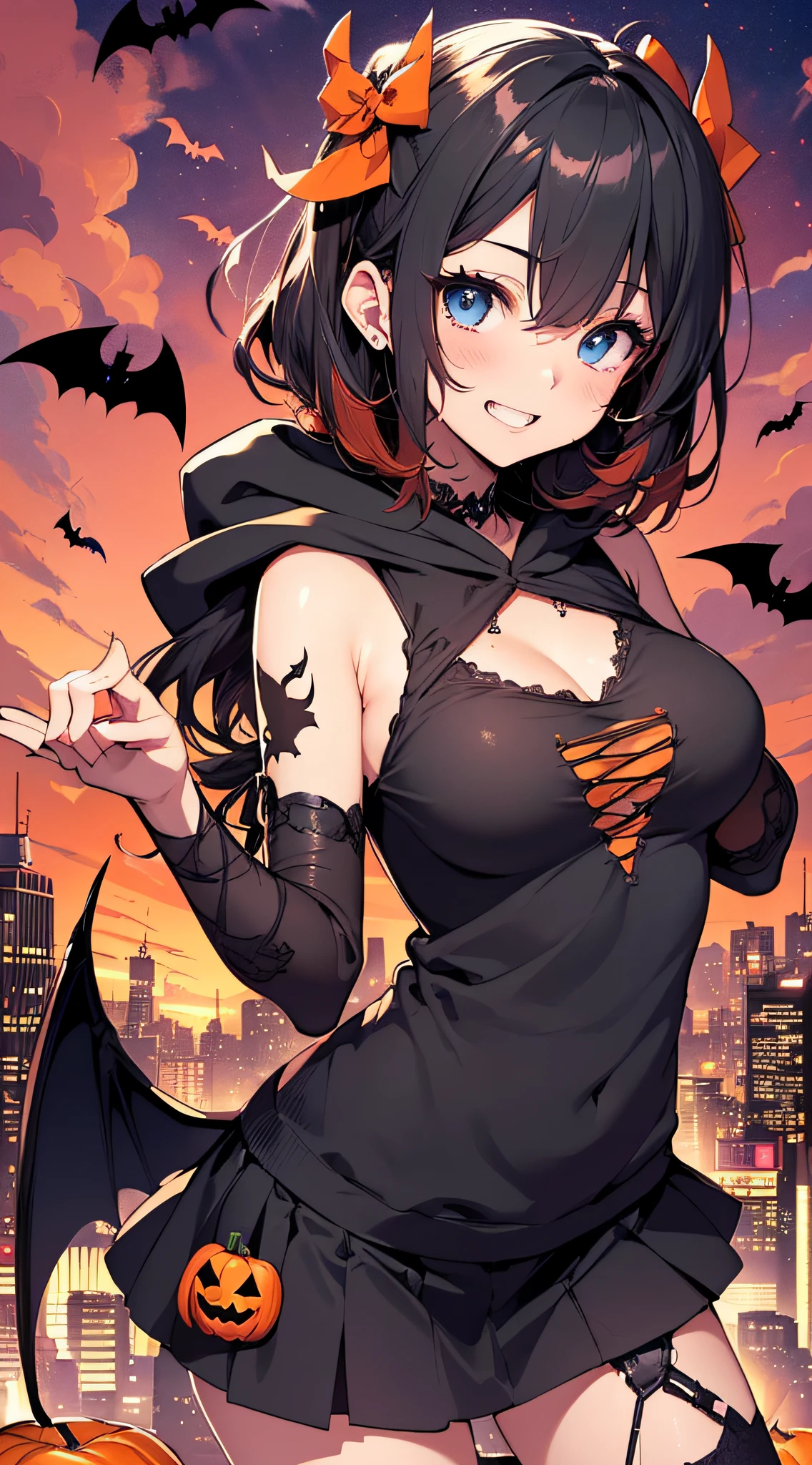 top-quality、Top image quality、masterpiece、teens girl((18year old,Succubus、Black and orange tattered tank top,Tattered orange and black short skirt、Tattered orange short-sleeved hoodie、Wearing a hood,Best Bust、Bust 85、A dark-haired、Longhaire,Blue eyes、open chest wide、Valley、Happiness、A slender、the whole body is wet、Leaning forward、Prank、Laughing mouth、Pointed teeth、Black wings、Pampering、Emphasis on the chest、clow pose、Bats tattoo))hiquality、Beautiful Art、Background with((A city scape、Red sky、Halloween at night、the bats、pumpkins,Nightmare))、masutepiece、Elaborate design、visualart、Theatrical films
