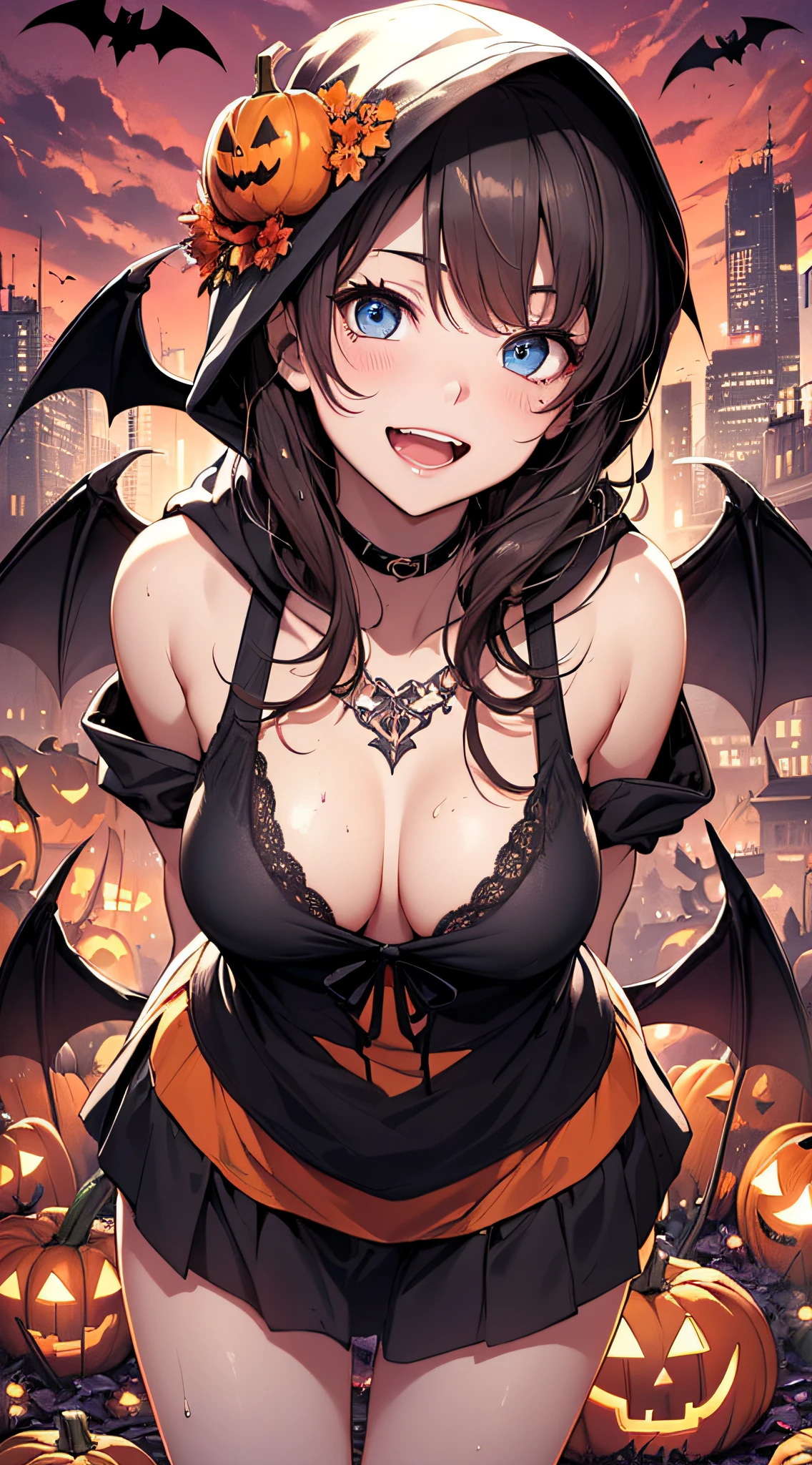 top-quality、Top image quality、masterpiece、teens girl((18year old,Succubus、Black and orange tattered tank top,Tattered orange and black short skirt、Tattered orange short-sleeved hoodie、Wearing a hood,Best Bust、Bust 85、A dark-haired、Longhaire,Blue eyes、open chest wide、Valley、Happiness、A slender、the whole body is wet、Leaning forward、Prank、Laughing mouth、Pointed teeth、Black wings、Pampering、Emphasis on the chest、clow pose、Bats tattoo))hiquality、Beautiful Art、Background with((A city scape、Red sky、Halloween at night、the bats、pumpkins,Nightmare))、masutepiece、Elaborate design、visualart、Theatrical films