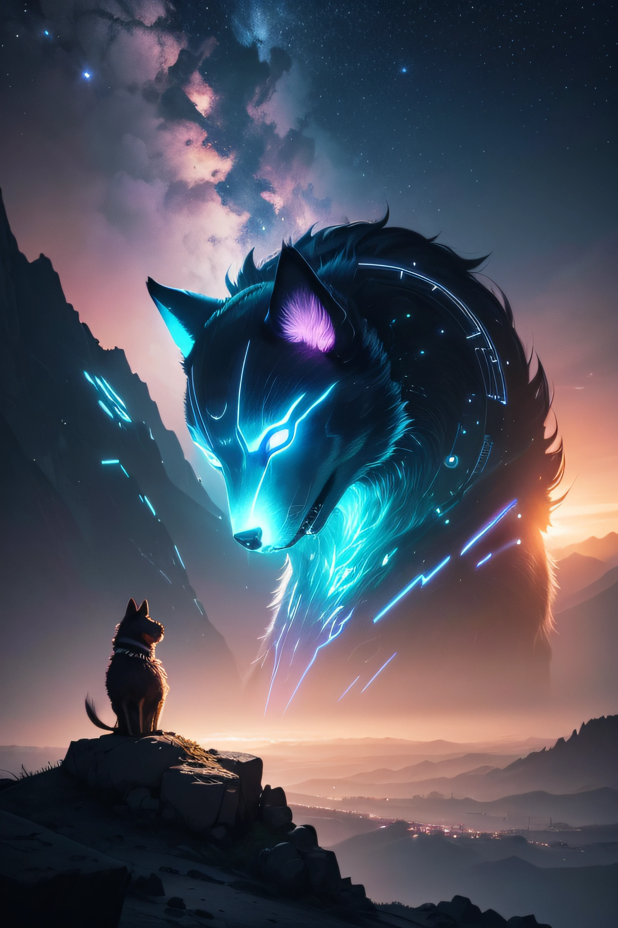 {{An amazing representation of a real electronic dog in 4K resolution with a background of worlds}}, Merging technology with nature perfectly. Their metallic coat reflects light impressively, while his cybernetic eyes shine with life. El fondo es un paisaje futurista, con rascacielos iluminados y cielos estrellados. This image is an example of digital illustration inspired by the style of sci-fi and cyberpunk. The panoramic shot, capturada con una lente gran angular, Provides an expansive view of the electronic dog world. Lighting is futuristic, with neon flashes that enhance its appearance. El nivel de detalle deseado es hiperrealista, resaltando cada componente del perro. The goal is to create an image that leaves viewers amazed by the fusion of technology and nature in high definition..