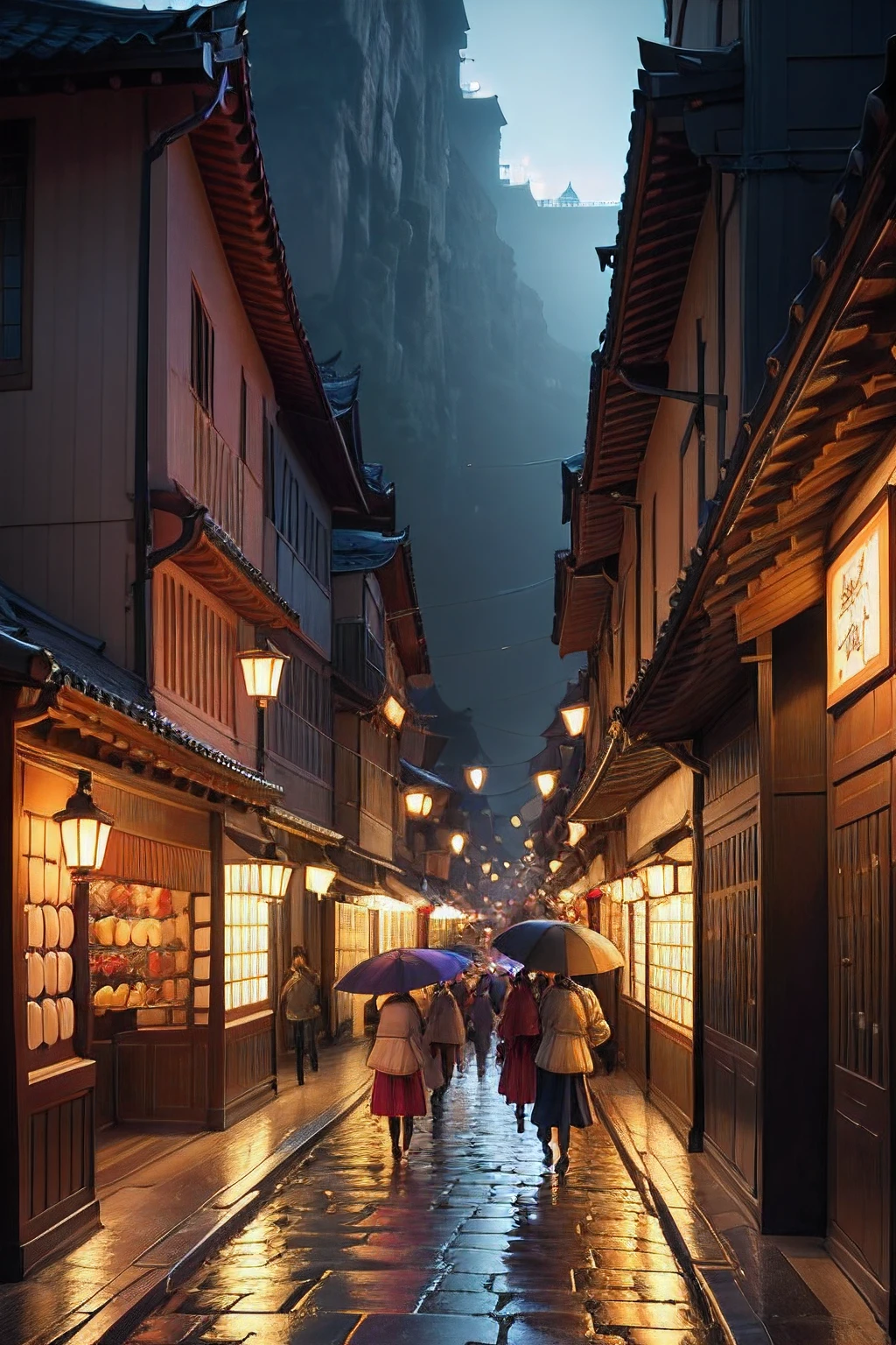 Describe a scene of an oriental city at night, with a soft color palette and shimmering lights. The scene unfolds in a 16:9 aspect ratio in 4K high definition. Detail a charming city with traditional oriental architecture, where paper lanterns illuminate the narrow cobblestone streets. People dressed in traditional attire stroll along the sidewalks, some holding colorful umbrellas to shield themselves from the nighttime drizzle. As the night progresses, the rooftops of houses and temples softly glow with golden lights, creating a magical and inviting atmosphere. In the main square, a group of musicians plays traditional instruments, filling the air with captivating melodies. Capture the beauty and nightlife of this oriental city in your illustration.
