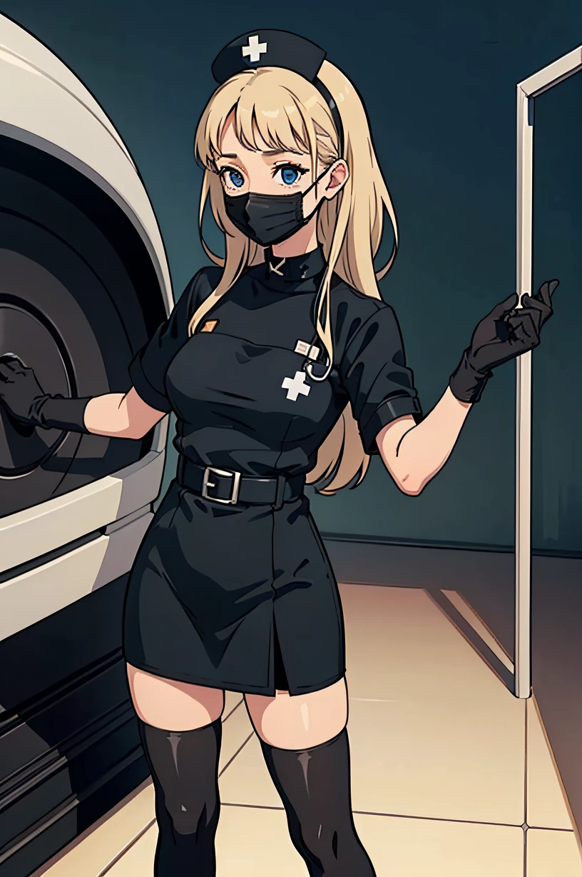 black nurse, 1woman, solo, black nurse cap, black wear, ((black legwear, zettai ryouiki)), black elbow gloves, blonde hair, blue eyes, ((black surgical mask, covered nose)), standing, ((surgery room)), sharp outline, short sleeves, mature female, 35 years old, best quality, masterpiece