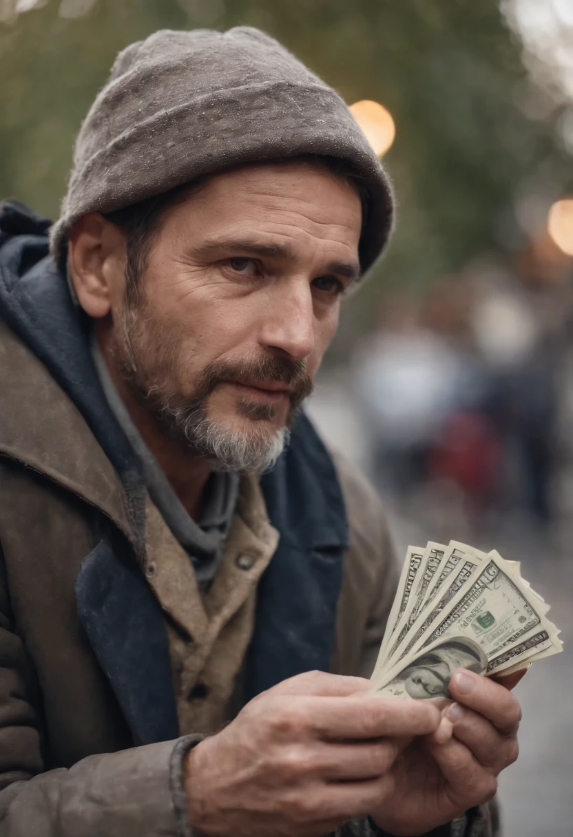 homem sujo, Homeless man with dollars in hand buying wisdom
