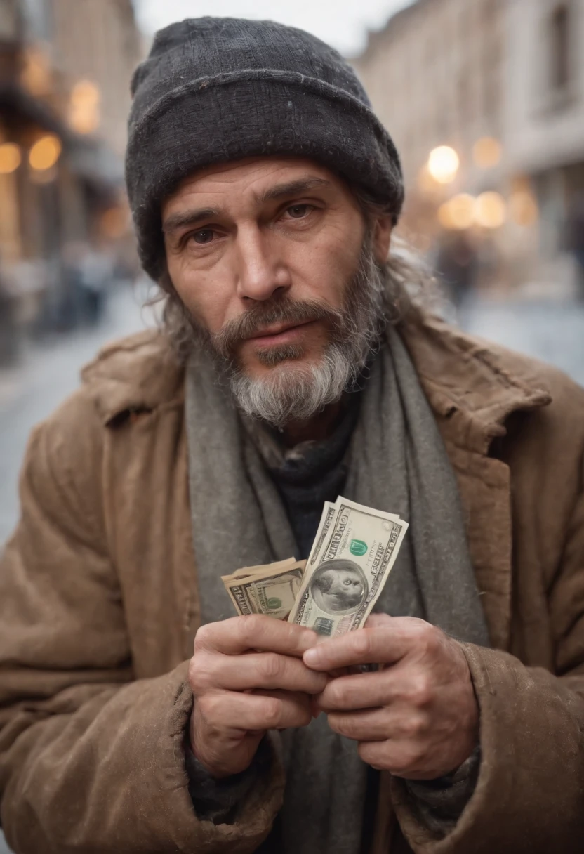 homem sujo, Homeless man with dollars in hand buying wisdom