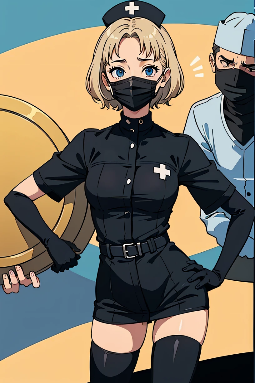 black nurse, 1woman, solo, black nurse cap, black wear, ((black legwear, zettai ryouiki)), black elbow gloves, blonde hair, blue eyes, ((black surgical mask, covered nose)), standing, ((surgery room)), sharp outline, short sleeves, mature female, 35 years old, best quality, masterpiece