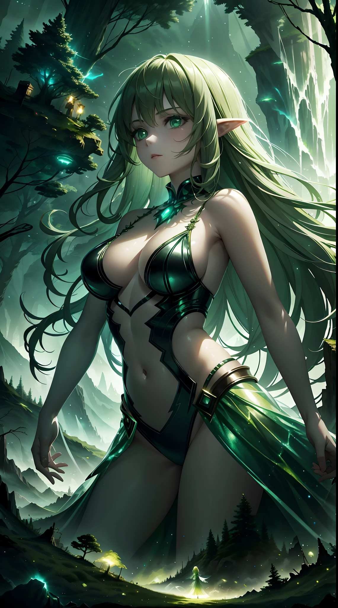 1 20-year-old girl, fairy princess, green clothes, nature clothes, nature panorama, sweet, beauty gril, twin sister.HD lighting and dark )<=(epic image quality)dark atmosphere with bright particle light(many effects in background).