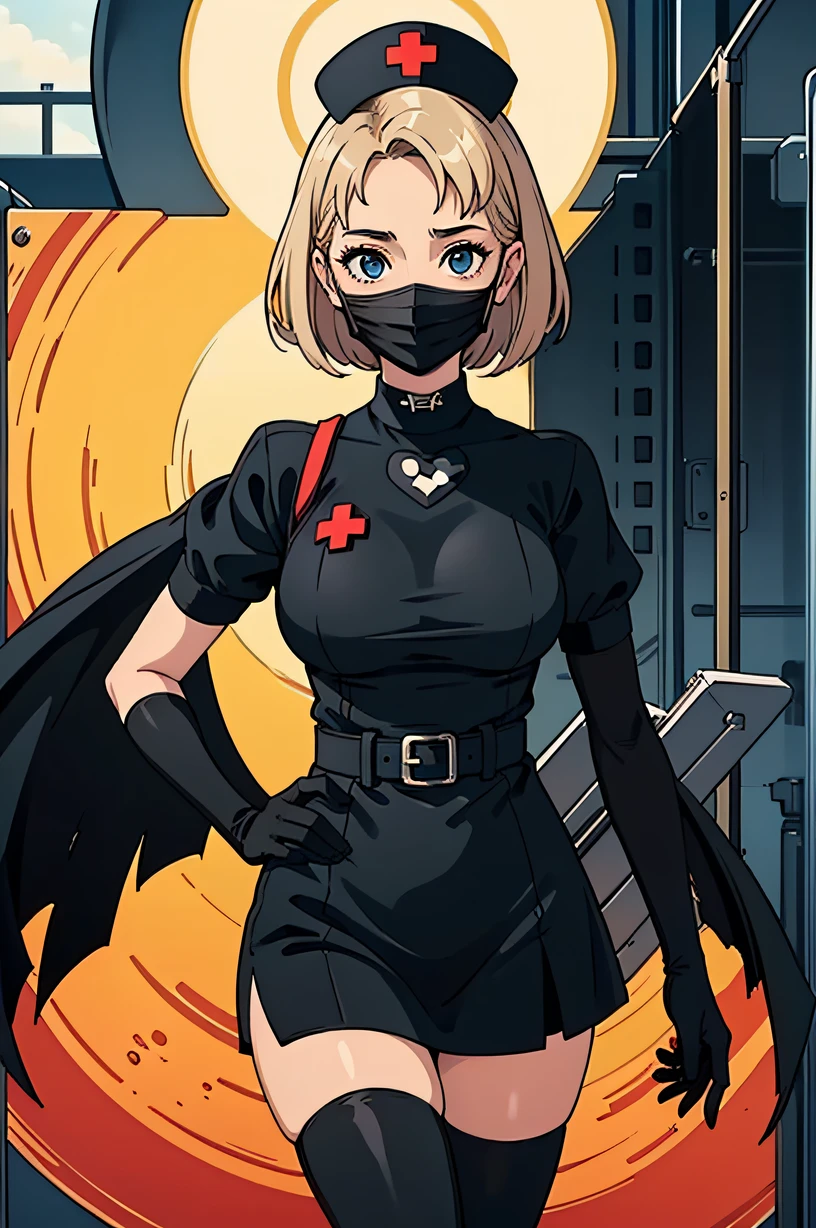 black nurse, 1woman, solo, black nurse cap, black wear, ((black legwear, zettai ryouiki)), black elbow gloves, blonde hair, blue eyes, ((black surgical mask, covered nose)), standing, ((surgery room)), sharp outline, short sleeves, mature female, 35 years old, best quality, masterpiece