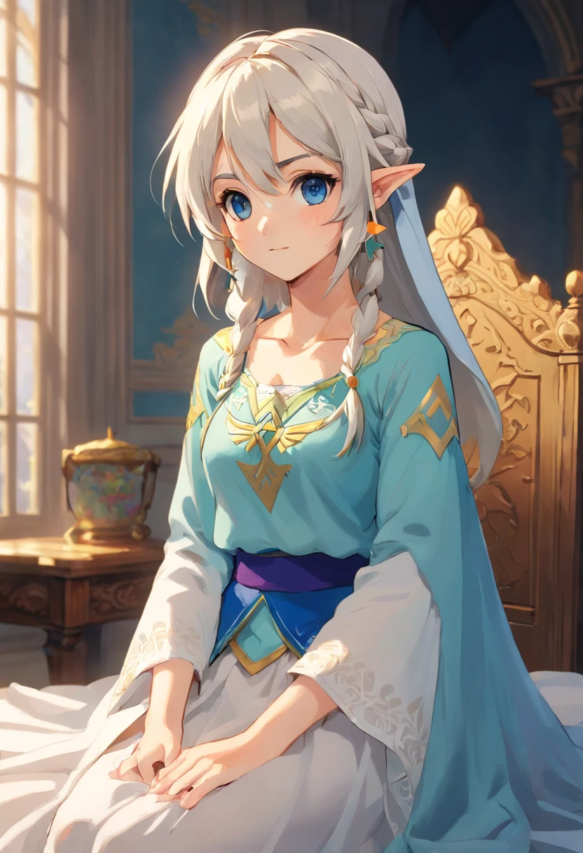 Medium shot, medium shot, bust, cinematic angle, masterpiece, best quality, super detail, CG, 8K wallpaper, pretty face, scared eyes, a maiden, solo, skyline, light blue short shirt, translucent white nightgown, long white fluffy hair, in asylum room, wrapped in a white blanket