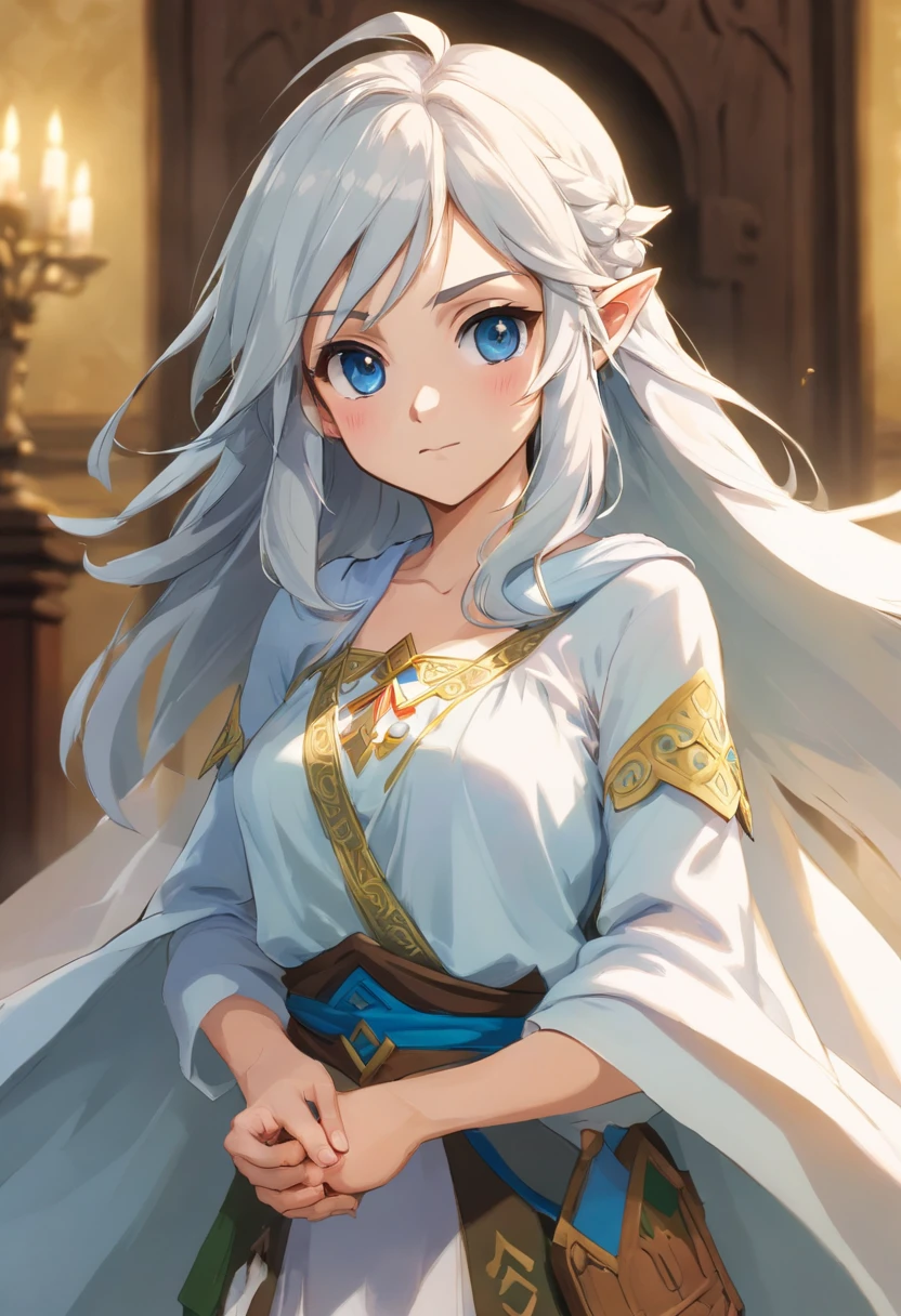 Medium shot, medium shot, bust, cinematic angle, masterpiece, best quality, super detail, CG, 8K wallpaper, pretty face, delicate  scared eyes, a maiden, solo, skyline, light blue short shirt, translucent white pleated skirt, long white fluffy hair, in asylum room, wrapped in a white blanket