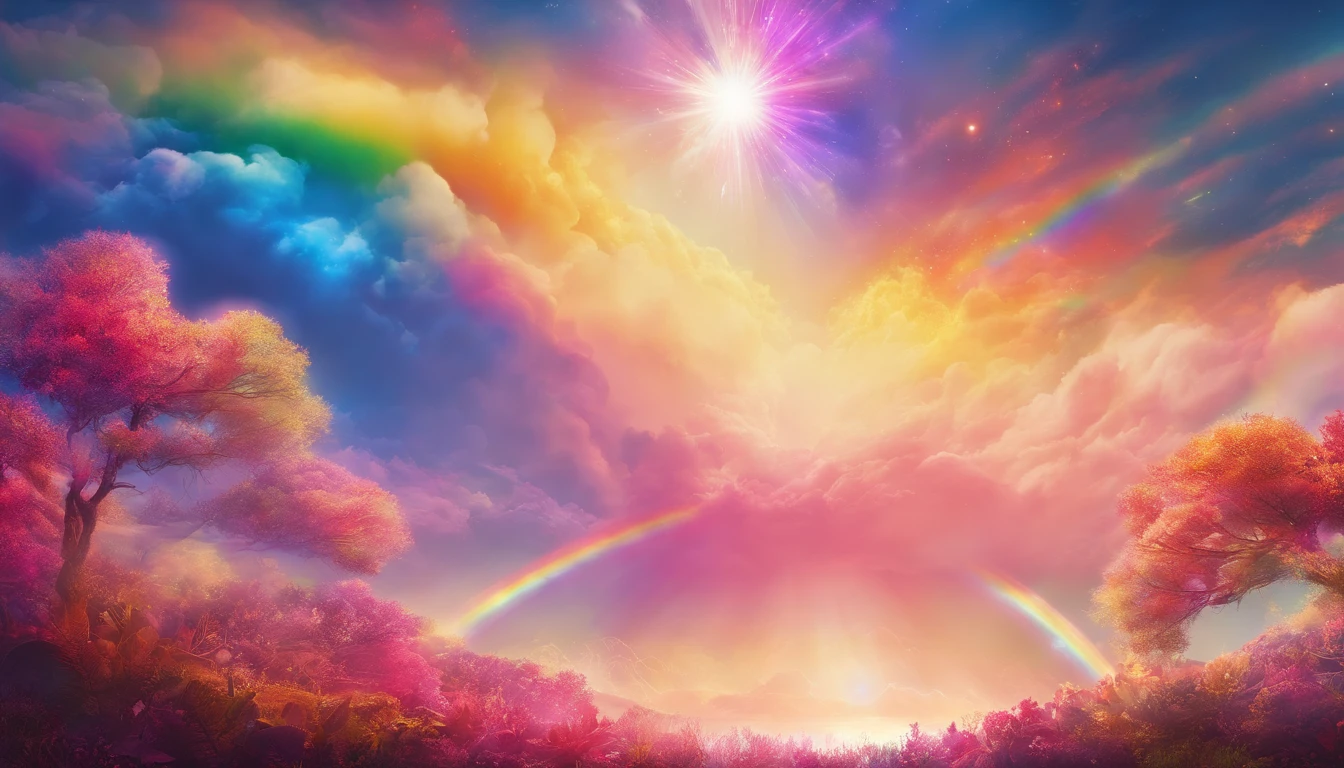rainbow in the sky,Thick clouds,Bright colors,lens flare glow,super-fine,Hyper-realistic,Ultra photo realsisim,8K分辨率,ultra HD wallpaper,OC rendering,super wide shot,dynamic viewing angle