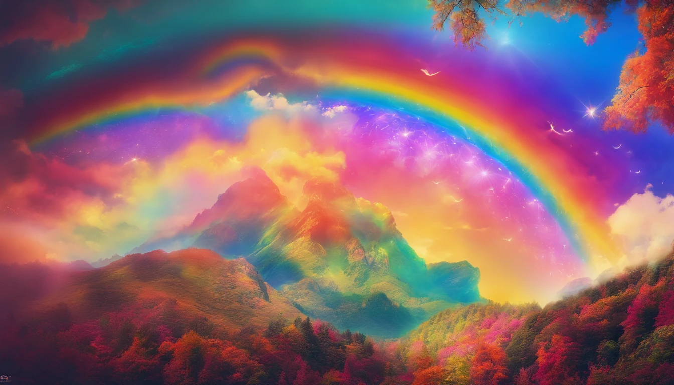 rainbow in the sky，Thick clouds，Bright colors，lens flare glow，super-fine，Hyper-realistic，Ultra photo realsisim，8K分辨率，ultra HD wallpaper，OC rendering，super wide shot，dynamic viewing angle