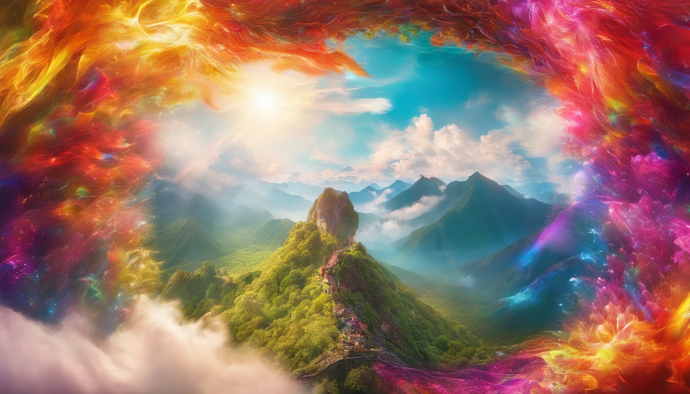 rainbow in the sky,Thick clouds,Bright colors,lens flare glow,super-fine,Hyper-realistic,Ultra photo realsisim,8K分辨率,ultra HD wallpaper,OC rendering,super wide shot,dynamic viewing angle