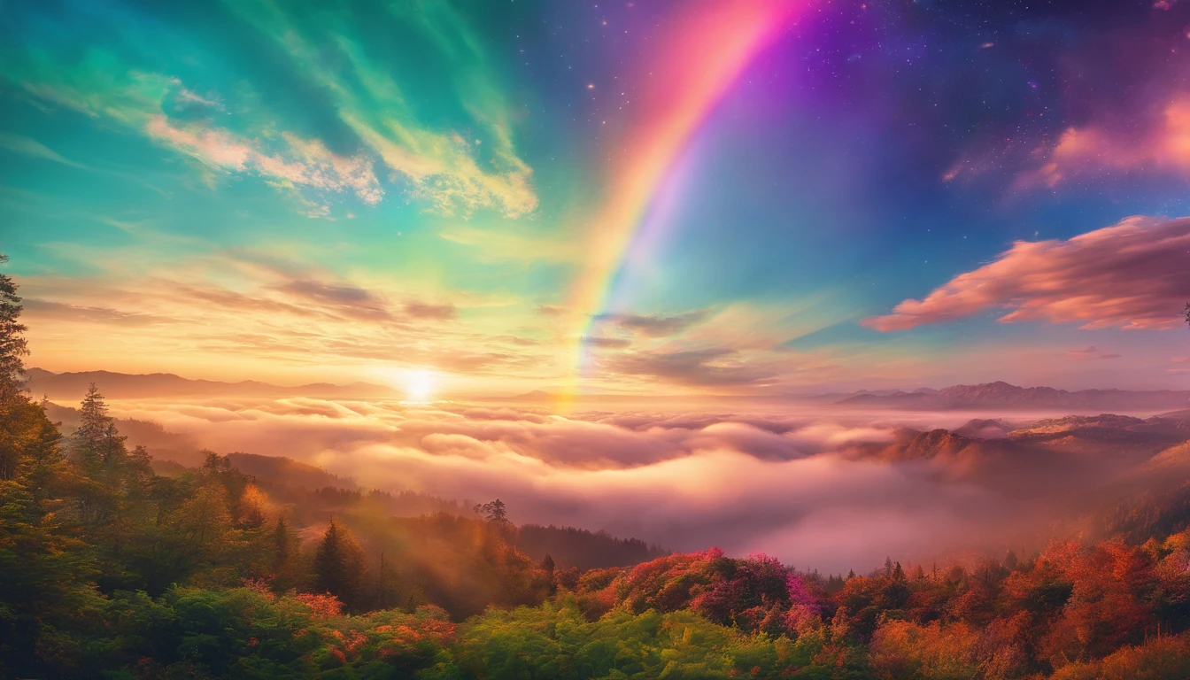 rainbow in the sky,Thick clouds,Bright colors,lens flare glow,super-fine,Hyper-realistic,Ultra photo realsisim,8K分辨率,ultra HD wallpaper,OC rendering,super wide shot,dynamic viewing angle