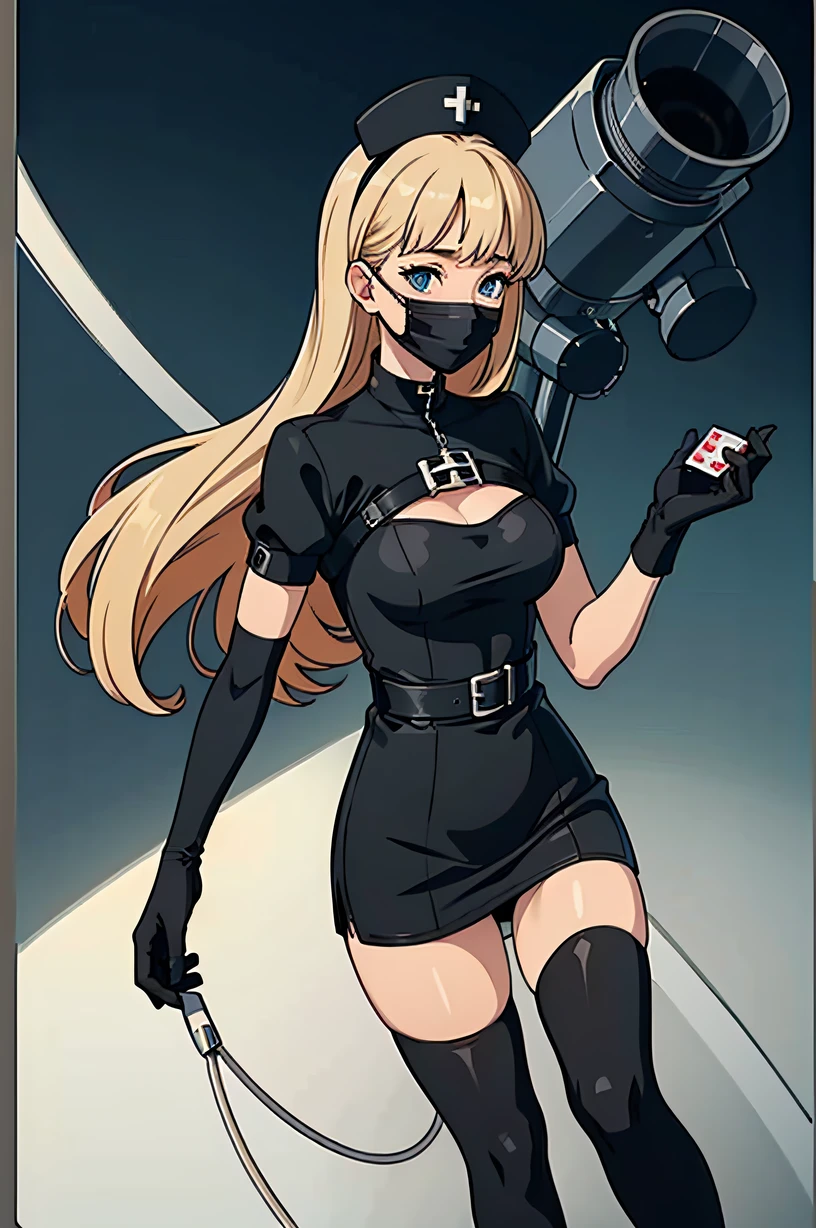 black nurse, 1woman, solo, black nurse cap, black wear, ((black legwear, zettai ryouiki)), black elbow gloves, blonde hair, blue eyes, ((black surgical mask, covered nose)), standing, ((surgery room)), sharp outline, short sleeves, mature female, 35 years old, best quality, masterpiece