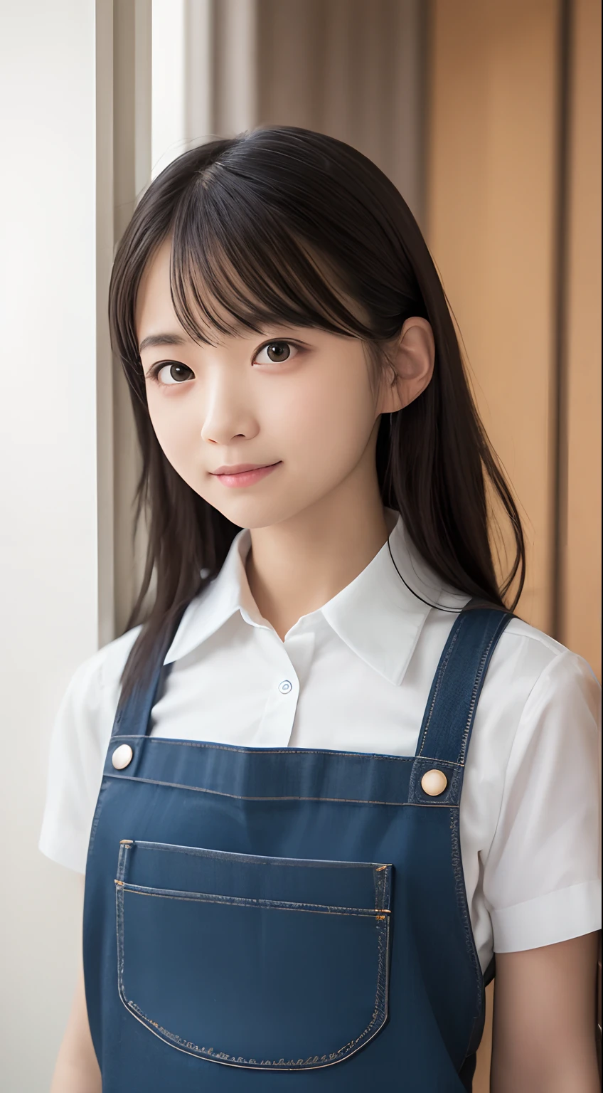 masutepiece, Best Quality, 8K, ers old, Teen, Raw photo, absurderes, award winning portrait, Smile, Solo, Idol face, violaceaess, Delicate girl, Upper body, Digital SLR, Looking at Viewer, Candid, Sophisticated,Thin arms, Professional Lighting, Film grain, chromatic abberation, (Eyes and faces with detailed:1.0), (Bokeh:1.1) , (pinafore:1.1) , closes mouth , hotels room