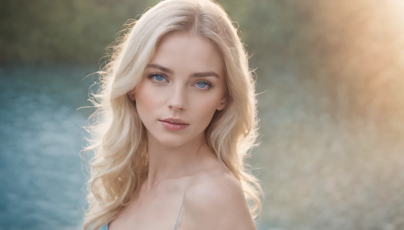 "A stunning woman with captivating blue eyes, voluptuous figure, flowing locks, making eye contact with the camera, elegantly posing with her arms gracefully behind her, completely nude."