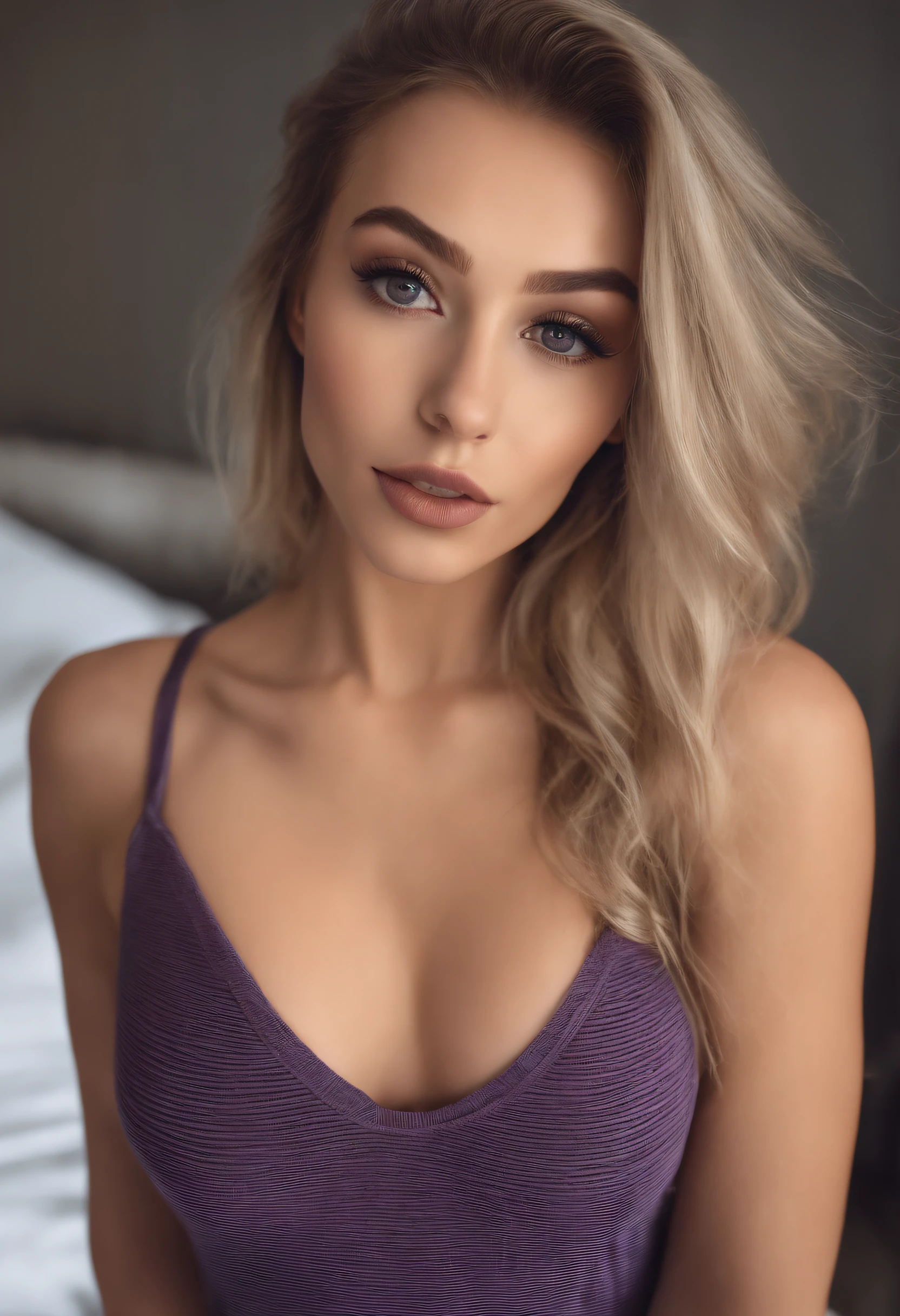 Arafed woman with matching tank top and panties, Sexy girl with brown eyes, portrait sophie mudd, blonde hair and large eyes, Selfie einer jungen Frau, Augen im Schlafzimmer, Violet Myers, ohne Make-up, Natural makeup, Blick direkt in die Kamera, Gesicht mit Artgram, dezentes Make-up, Stunning full body shot, im Schlafzimmer, Spaltung