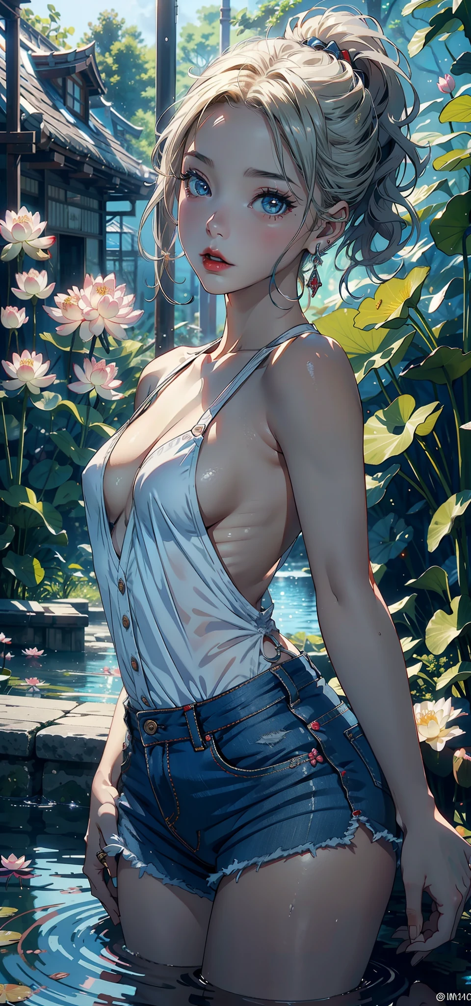 Small (Background with:ponds,Cherry blossom forest,lotus flower)Lie underwater, She has short blonde hair,bobo head,seen from the front,mostly cloudy sky,(((tmasterpiece),(Very detailed CG unity 8K wallpaper),best qualtiy,cinmatic lighting,detailed back ground,beatiful detailed eyes,Bright pupils,Blue eyes,Snow-whiteskin,Redlip(Very fine and beautiful),(Beautiful and detailed eye description),ultra - detailed,tmasterpiece,))facing at camera,A high resolution,ultra - detailed),revealing breasts,Bare genitalia, Bulge,legs are open,Raised sexy,Camel toes,Desire for dissatisfaction,frontage,(Wearing :耳Nipple Ring, jewely, Denim apron, Bare )