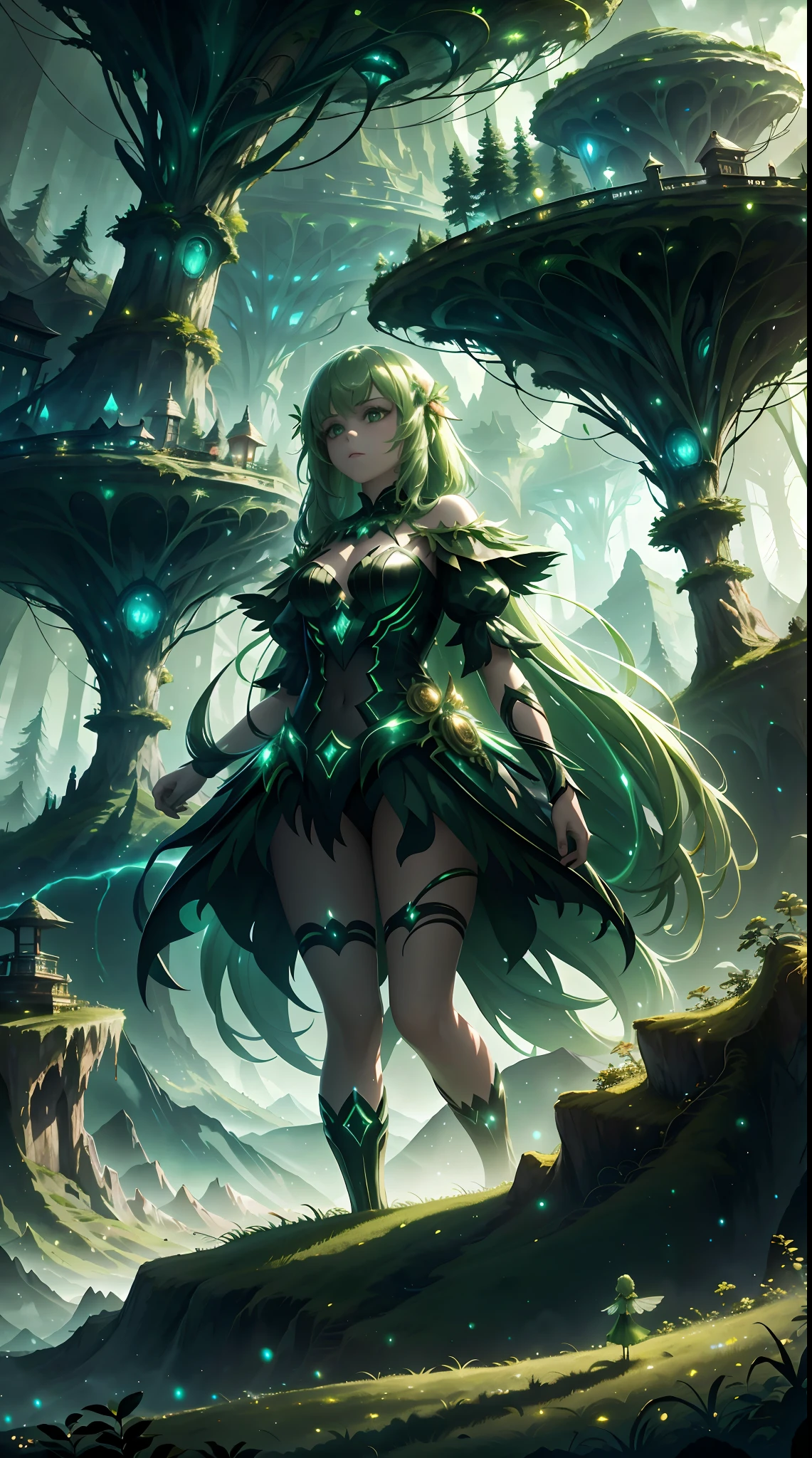 1 20-year-old girl, fairy princess, green clothes, nature clothes, nature panorama, sweet, beauty gril, twin sister.HD lighting and dark )<=(epic image quality)dark atmosphere with bright particle light(many effects in background).