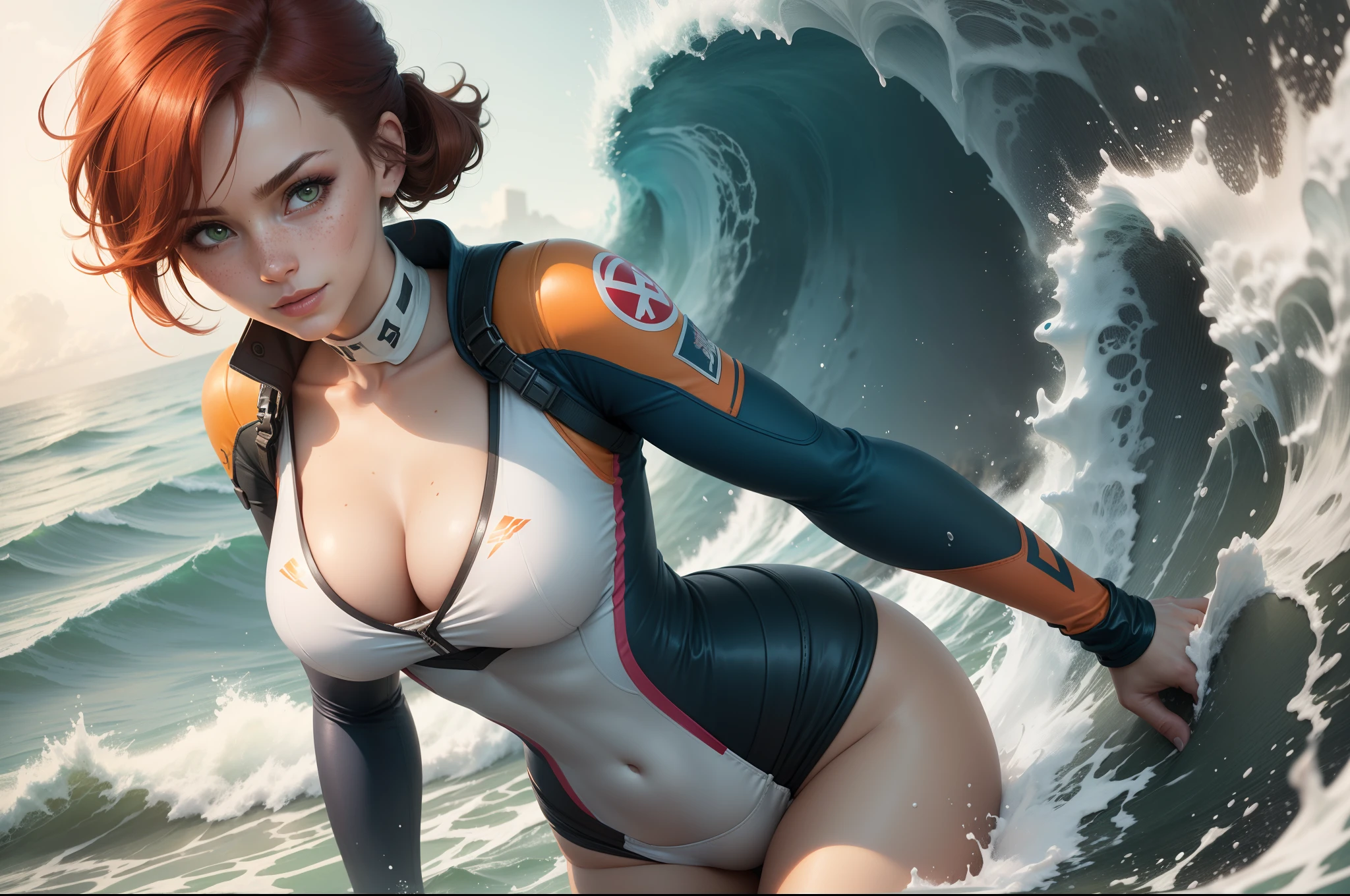 gwen tennyson,1girl,tracer,d.va,rebecca chambers,overwatch,gundam,close up,mecha pilot,ocean view,red and rose plugsuit,hair pin,pirate corset, white long sleeve lycra top,orange leggings,short hair,cute makeup,green eyes,orange and blue hair,shy smile, freckles,redhead,beautiful girl,large breasts,ultra detailed,realistic,fantasy art, sea waves,surfing jacket,inside water,