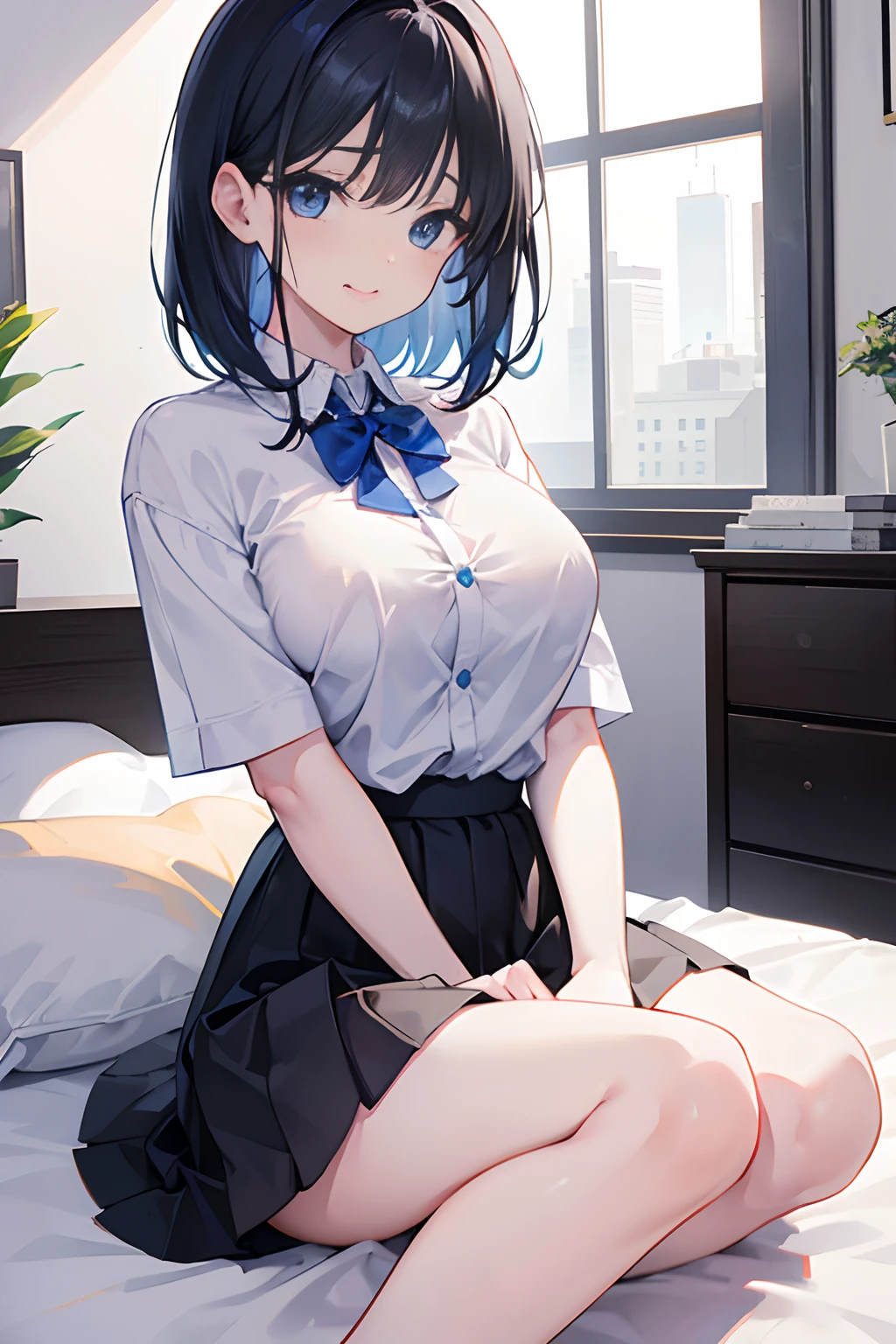 beautiful a girl、Medium Hair、friendly、cute little、Black skirt、Blue eyes、Colossal tits、Colossal tits、Colossal tits、Top image quality、ssex、tongue、Whip whip、embarrassed from、cool lady、Office Casual、working adults、the kiss、suki、A dark-haired、Blue Inner Color、AHE Face、large boob、Clothes buttons are closed、I can't see the chest、Close your chest with your arms in front of you、gently smiling、smil、Wearing a white shirt、Bedrooms、a bed、Sit on the bed